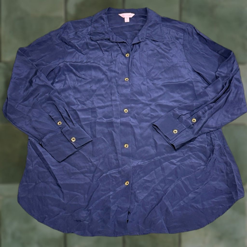 Lilly Pulitzer LILLY PULITZER Silk Button Down Blouse Navy Blue Size XL Womens Size XL / US 12-14 / IT 48-50 - 1 Thumbnail