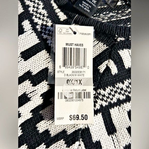 Style & Co Style & Co Black White Cotton Aztec Fringe Poncho~OS~NWT Size ONE SIZE - 5 Thumbnail