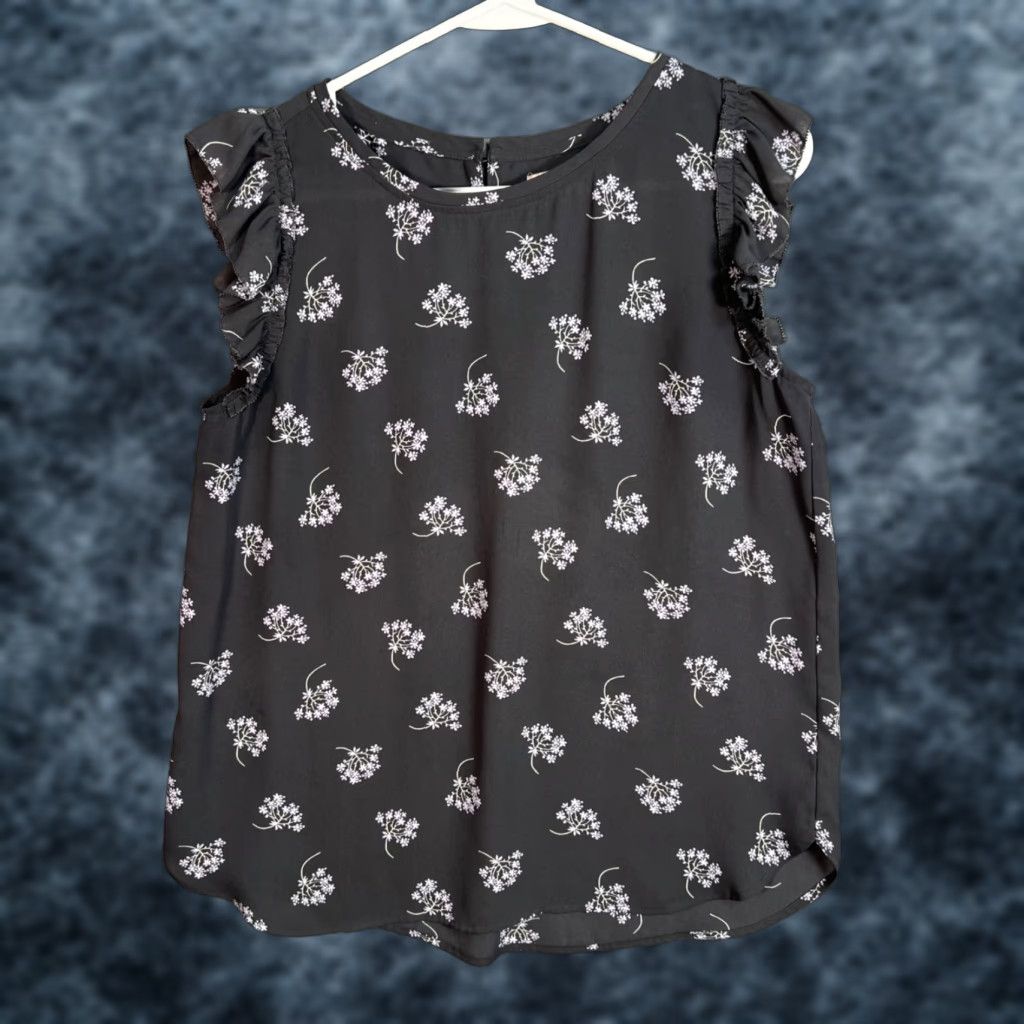 Loft Loft Blouse Small Black Floral Sleeveless Polyester Ruffle Trim Lightweight Size S / US 4 / IT 40 - 1 Thumbnail