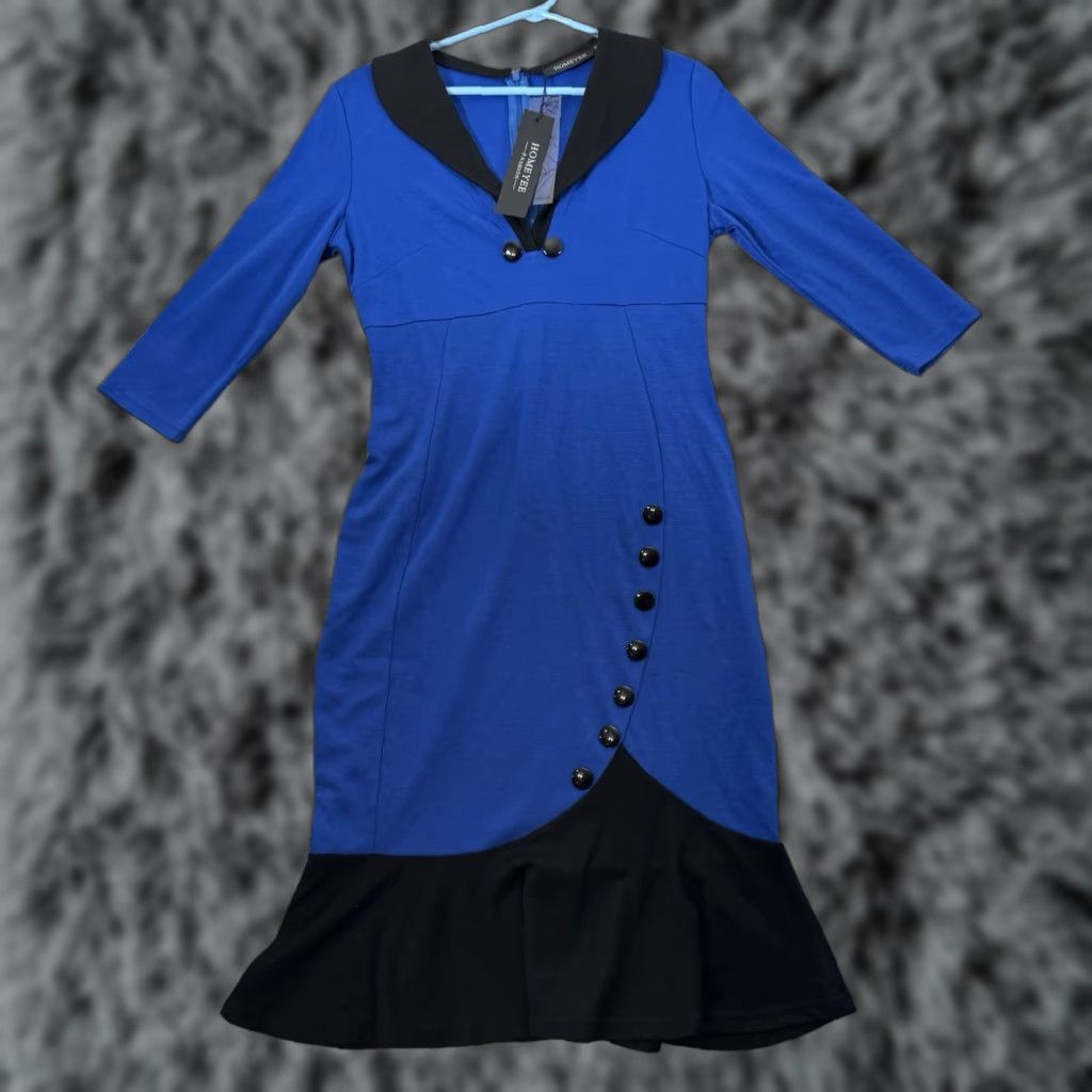 Vintage VINTAGE Homeyee Midi Dress 8 Retro 50s Pinup Office Classy Elegant Rockabilly Wiggle 3/4 Sleeve Black and Blue Sheath Womens Size M / US 6-8 / IT 42-44 - 1 Thumbnail