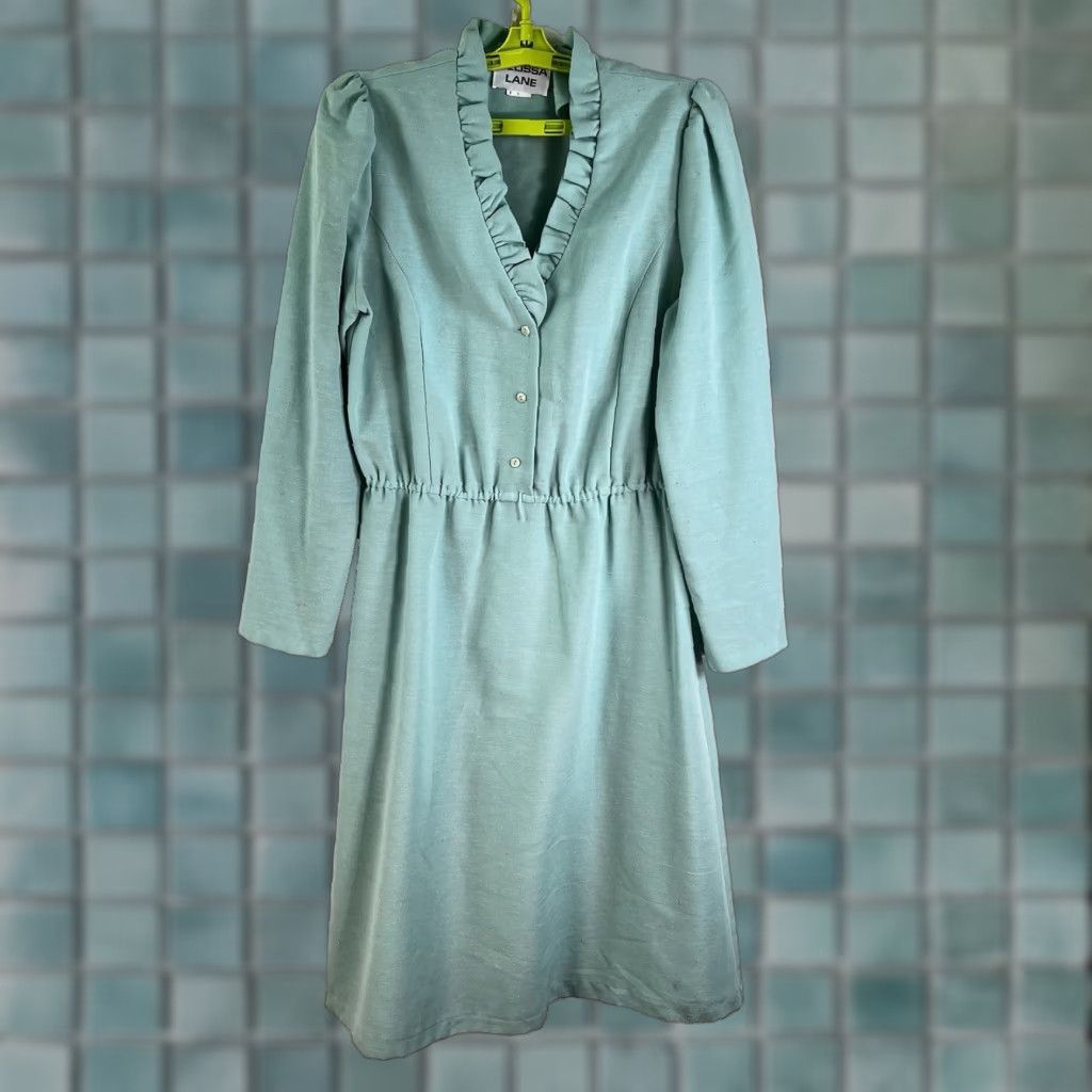 Vintage VINTAGE Lane Women's Midi Dress Silk Blend Ruffle Collar 80s Teal Green Size 8 Size M / US 6-8 / IT 42-44 - 1 Thumbnail