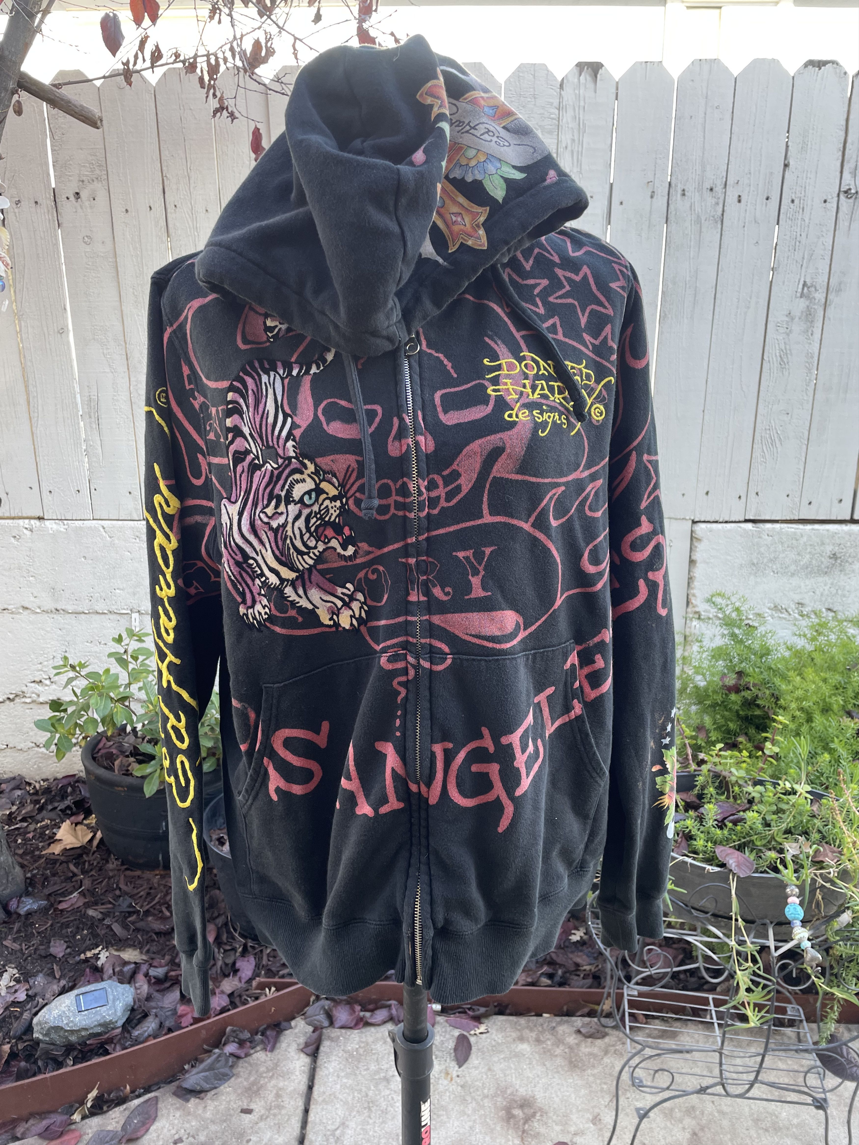 image of Ed Hardy Christian Audigier Vintage Zip Hoodie in Black/Purple/Yellow, Men's (Size XL)