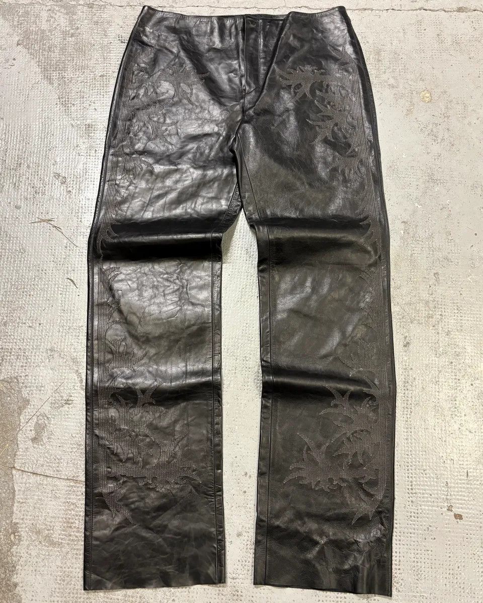 Roberto Cavalli Roberto Cavalli Black Leather Embroidered Pants Size US 34 / EU 50 - 1 Thumbnail