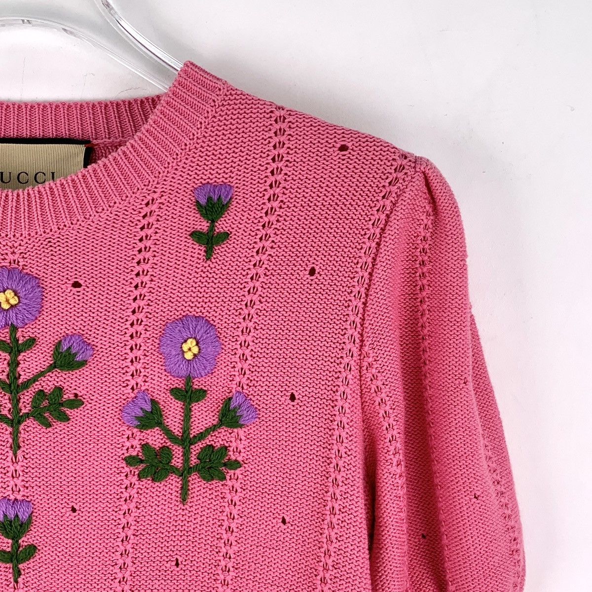 Gucci Gucci Pink Floral Embroidered Short Sleeve Knit Top K26WX Size XXS / US 00 / IT 34 - 3 Thumbnail