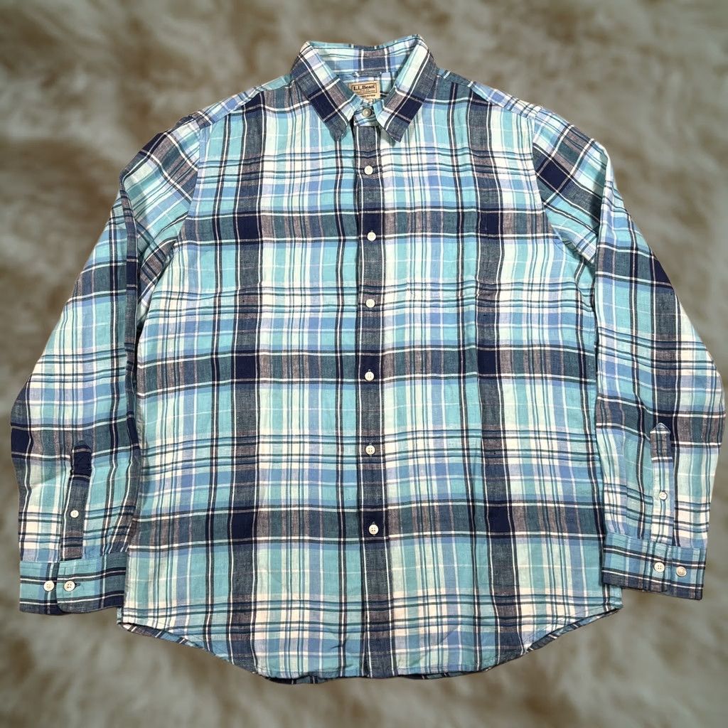 Altea LL Bean Men's L Slightly Fitted Linen Plaid Button Up Shirt Blue Teal Size US L / EU 52-54 / 3 - 1 Thumbnail