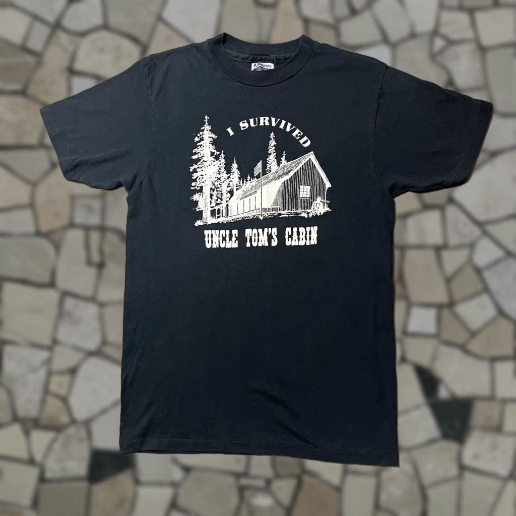 VINTAGE I Escaped Uncle Tom’s Cabin Single Stitch T Shirt Hanes Fifty Fifty Black Cotton Blend 1980s Graphic Tee M Mens