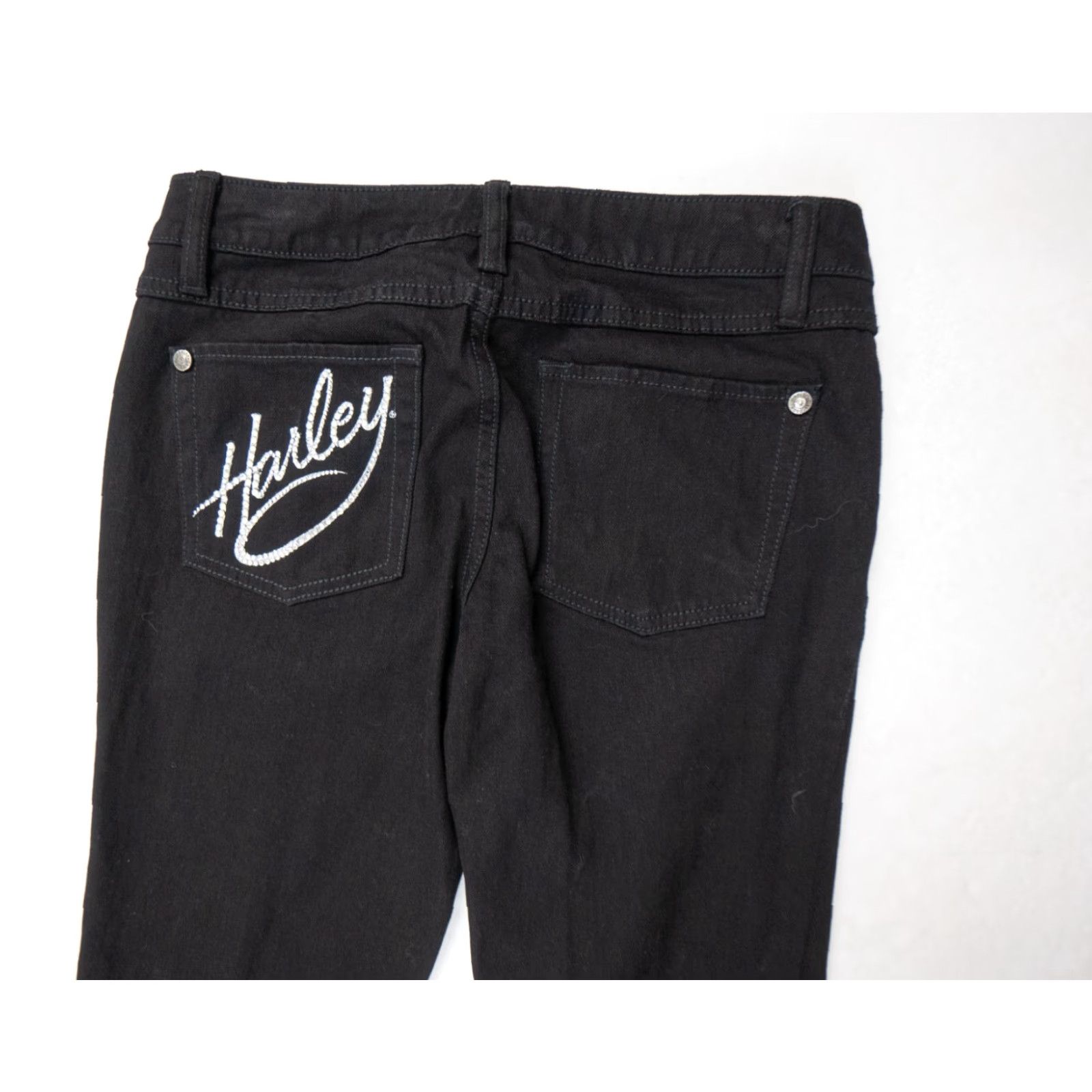 Harley Davidson VINTAGE Harley-Davidson Womens Jeans Flared Denim Pants 4 Black Motorcycle Embellished Stretch Size 27" / US 4 / IT 40 - 7 Thumbnail