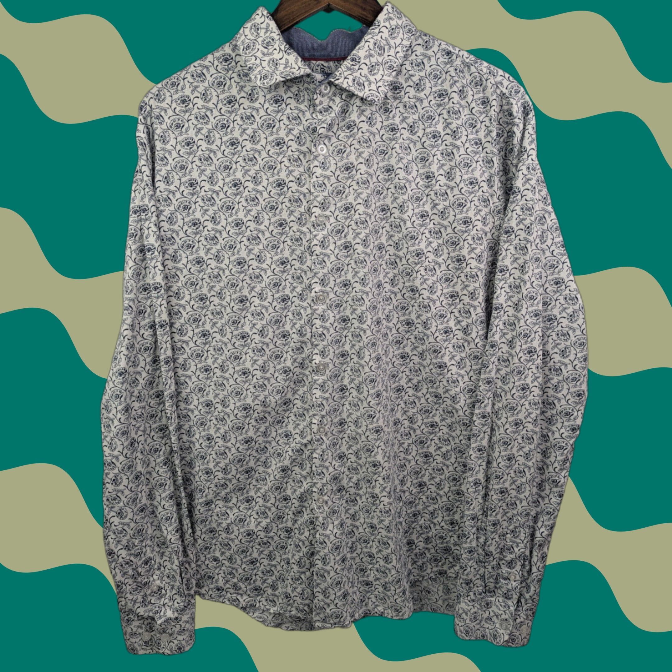 Vintage Consequence Shirt Mens XL Floral White Navy Button Up Long Sleeve Stretch Size US XL / EU 56 / 4 - 1 Thumbnail
