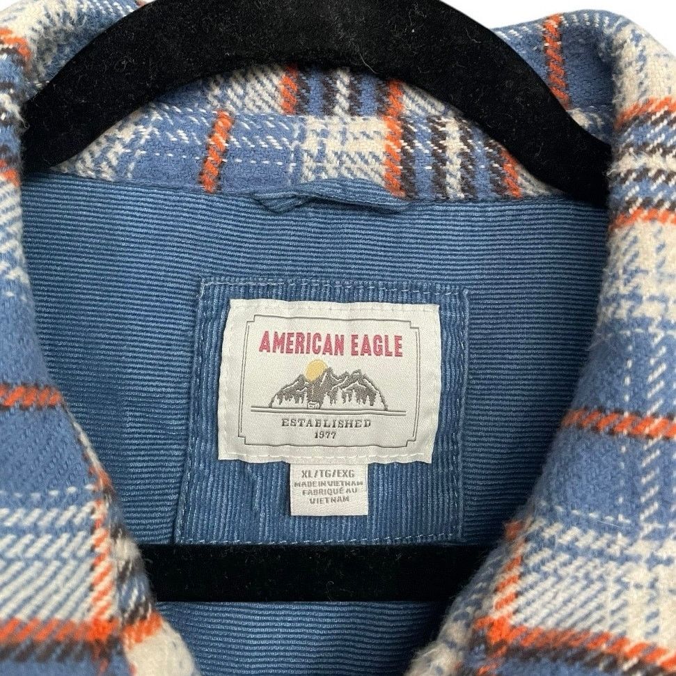 American Eagle Outfitters American Eagle Mens Blue & Orange Plaid Thick Button Down Size US XL / EU 56 / 4 - 7 Thumbnail