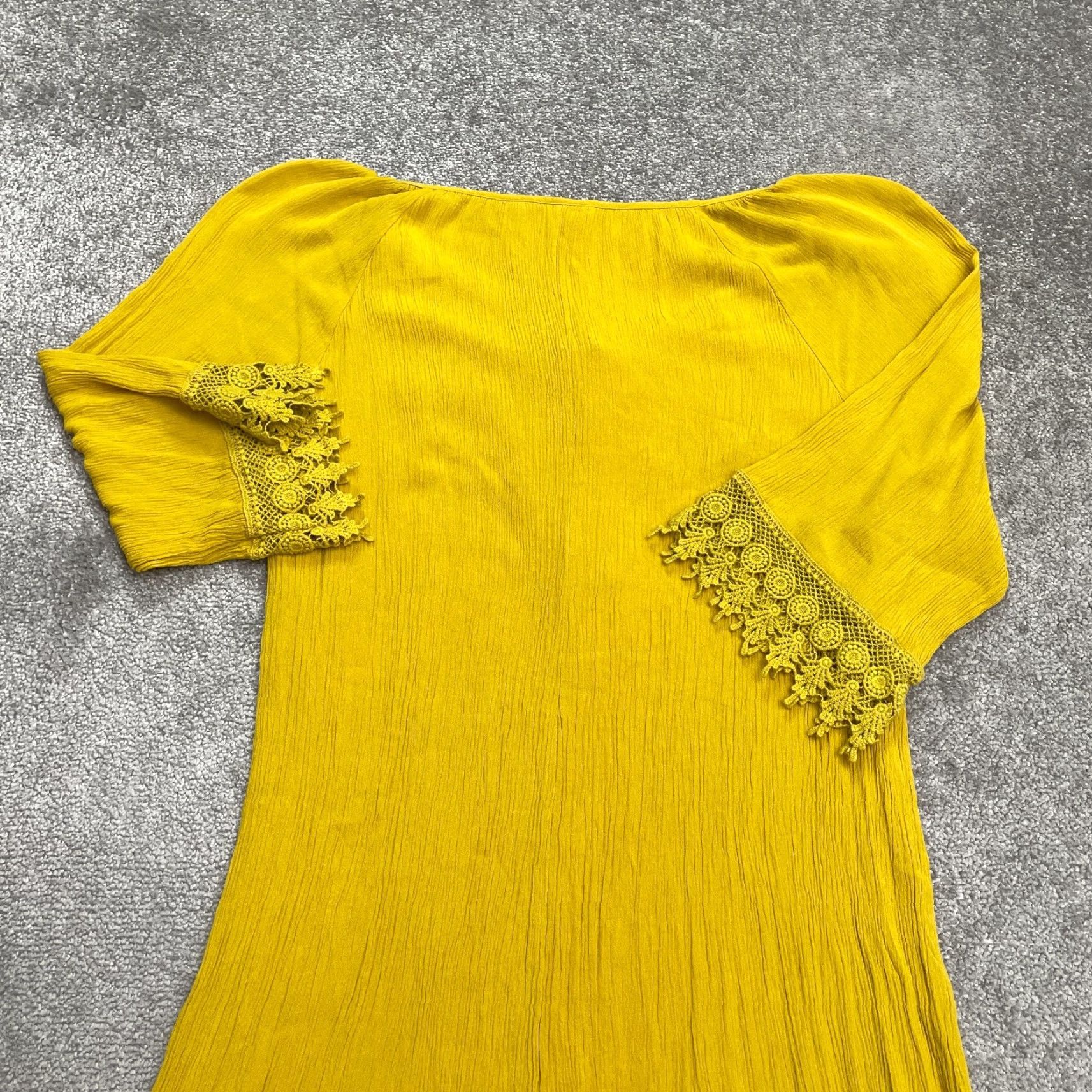 Anthropologie VINTAGE Anthropologie Boho Crochet Midi Dress Womens 12 Mustard Yellow Rayon Casual Summer Size XL / US 12-14 / IT 48-50 - 3 Thumbnail