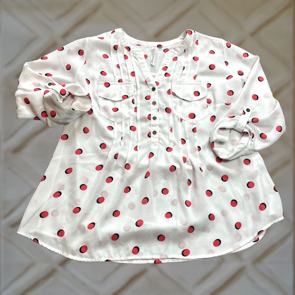 Vintage NY Collection White Red Polka Dot Blouse Shirt Womens 1X Roll Tab Sleeve Size XL / US 12-14 / IT 48-50 - 1 Thumbnail
