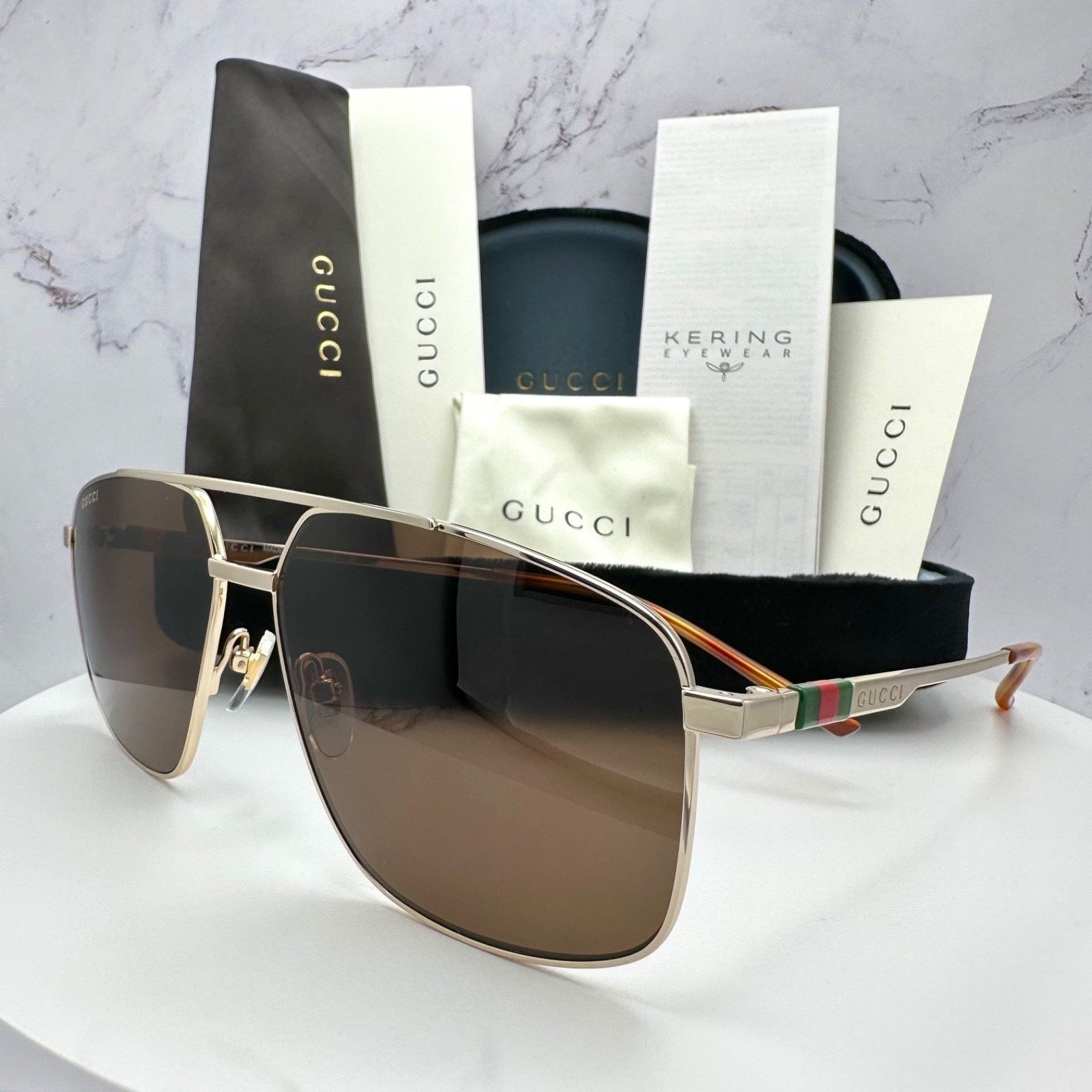 Gucci New GUCCI Sunglasses Gold Metal Aviator Pilot Web Logo Size ONE SIZE - 3 Thumbnail