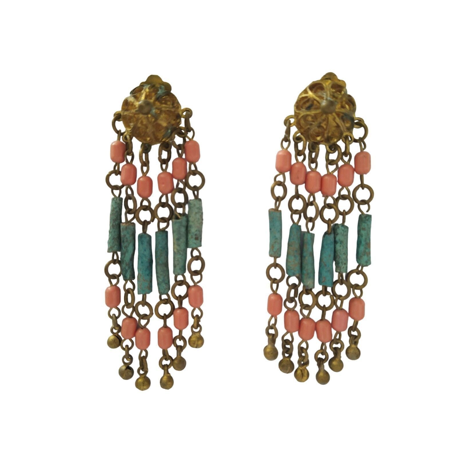 The Unbranded Brand Vintage Egyptian Revival Faience Blue & Orange Earrings Gold Size ONE SIZE - 1 Thumbnail