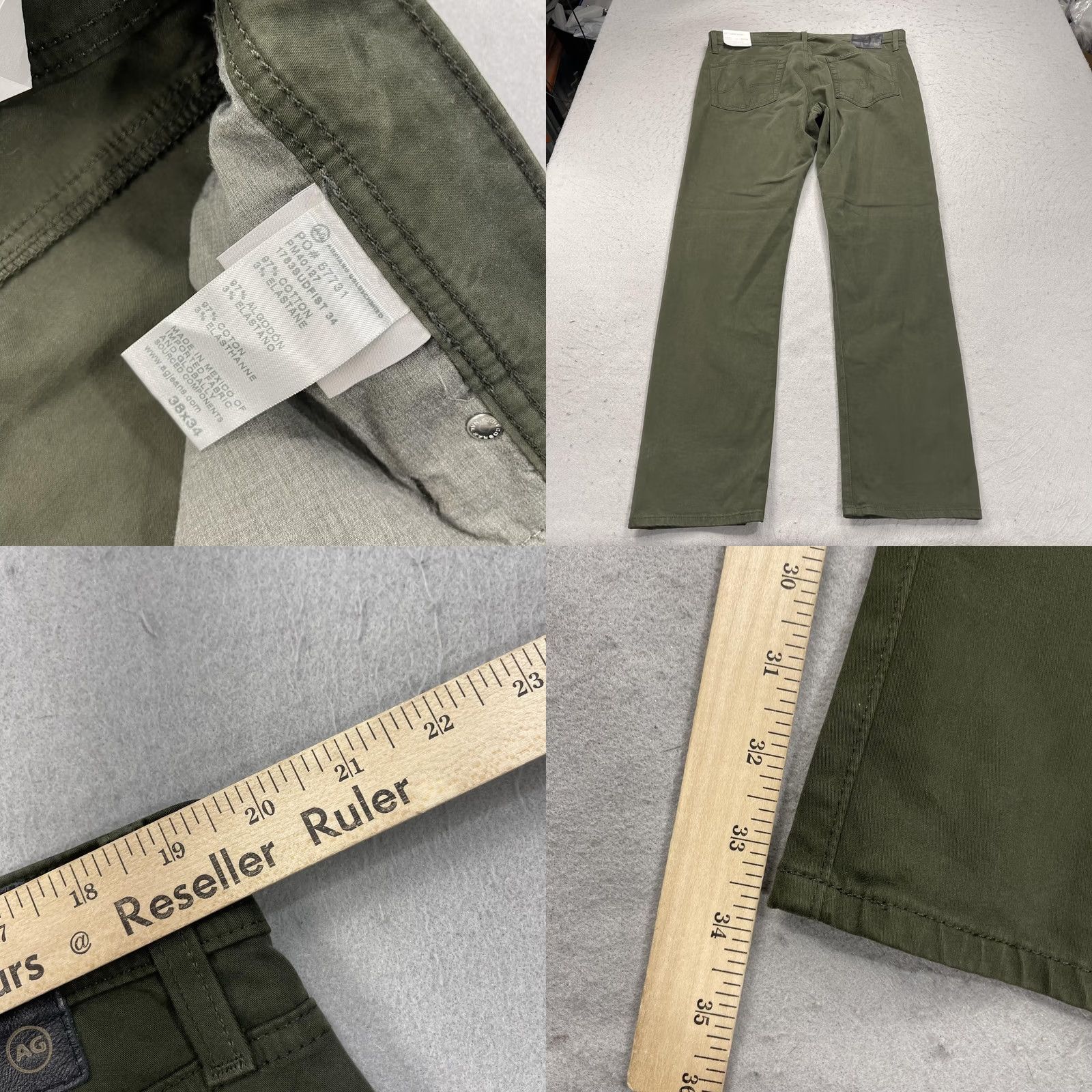 Vintage AG Adriano Goldschmied Jeans Mens 38x34 Green Tellis Modern Slim Sateen Stretch Tapered ZIP Pockets Cotton Blend Satin Logo Vintage No N/A Size US 38 / EU 54 - 8 Thumbnail
