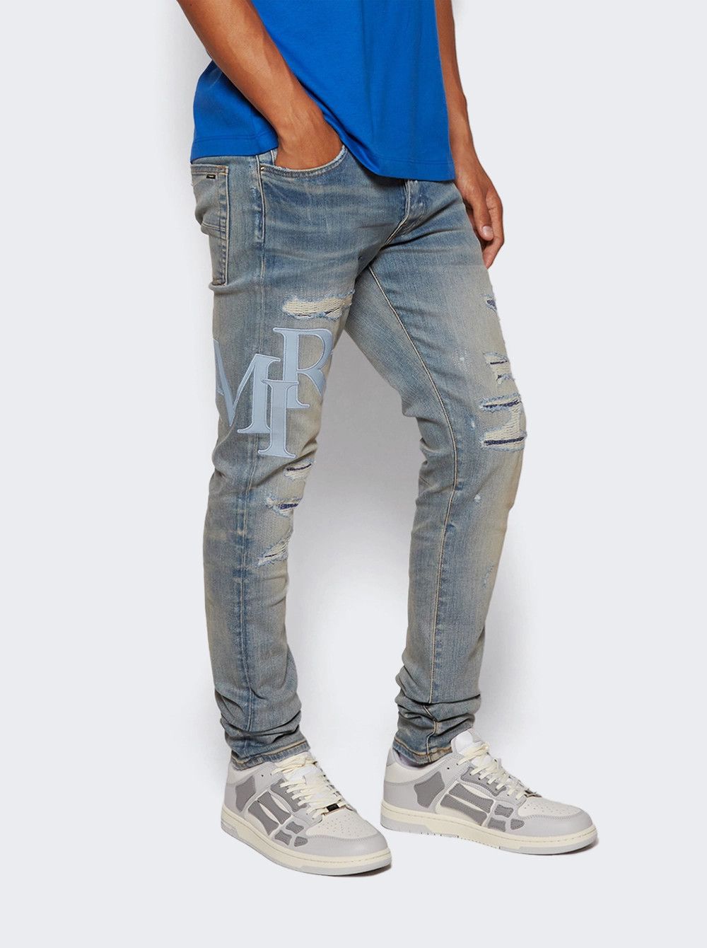 Amiri oc11z0325 Skelton Low Top Sneakers in White/Light Blue Size US 9 / EU 42 - 2 Thumbnail