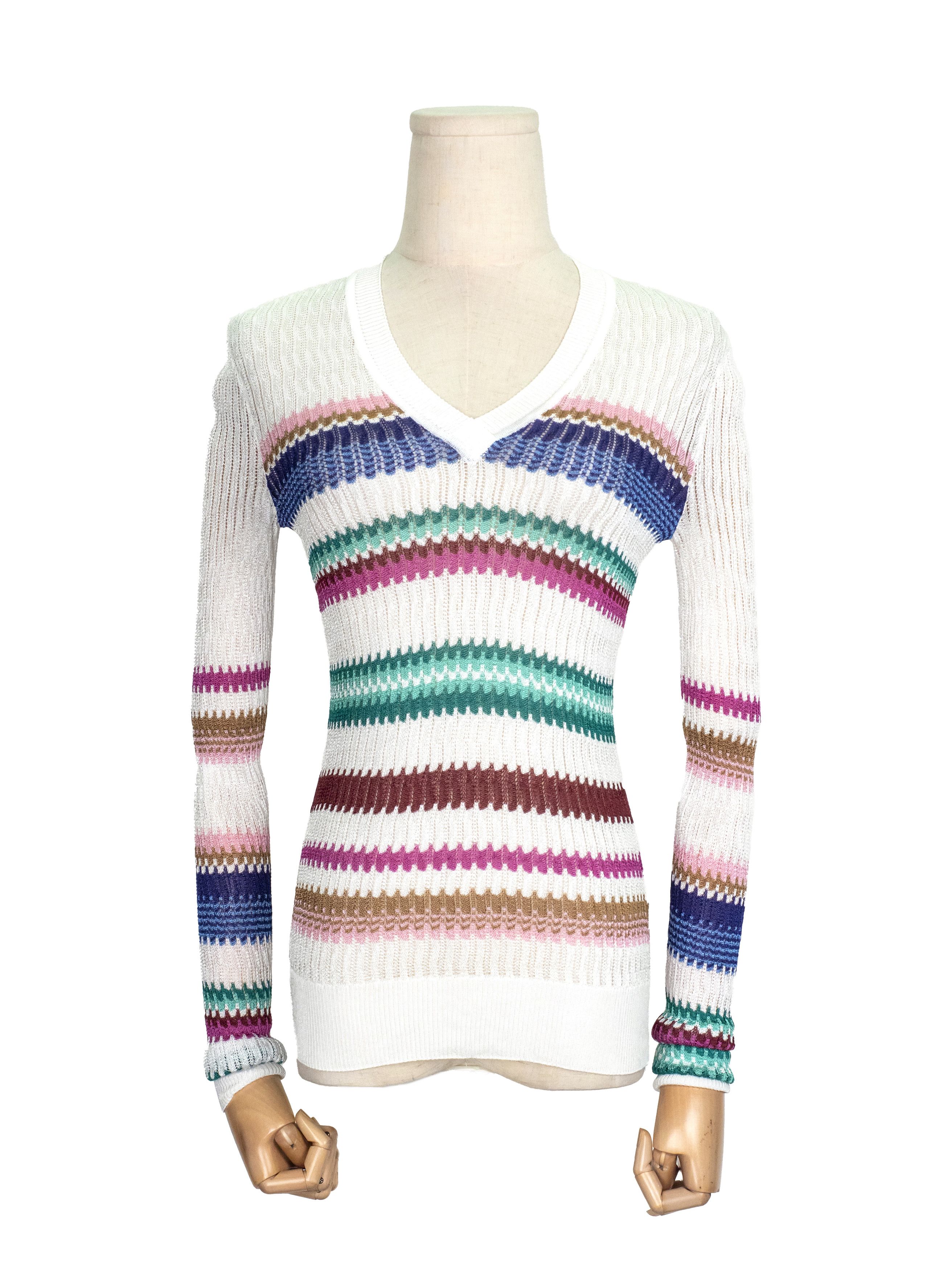 Missoni Missoni White V-neck Knitted Pullover with Mixed Patterns Size XS / US 0-2 / IT 36-38 - 1 Thumbnail