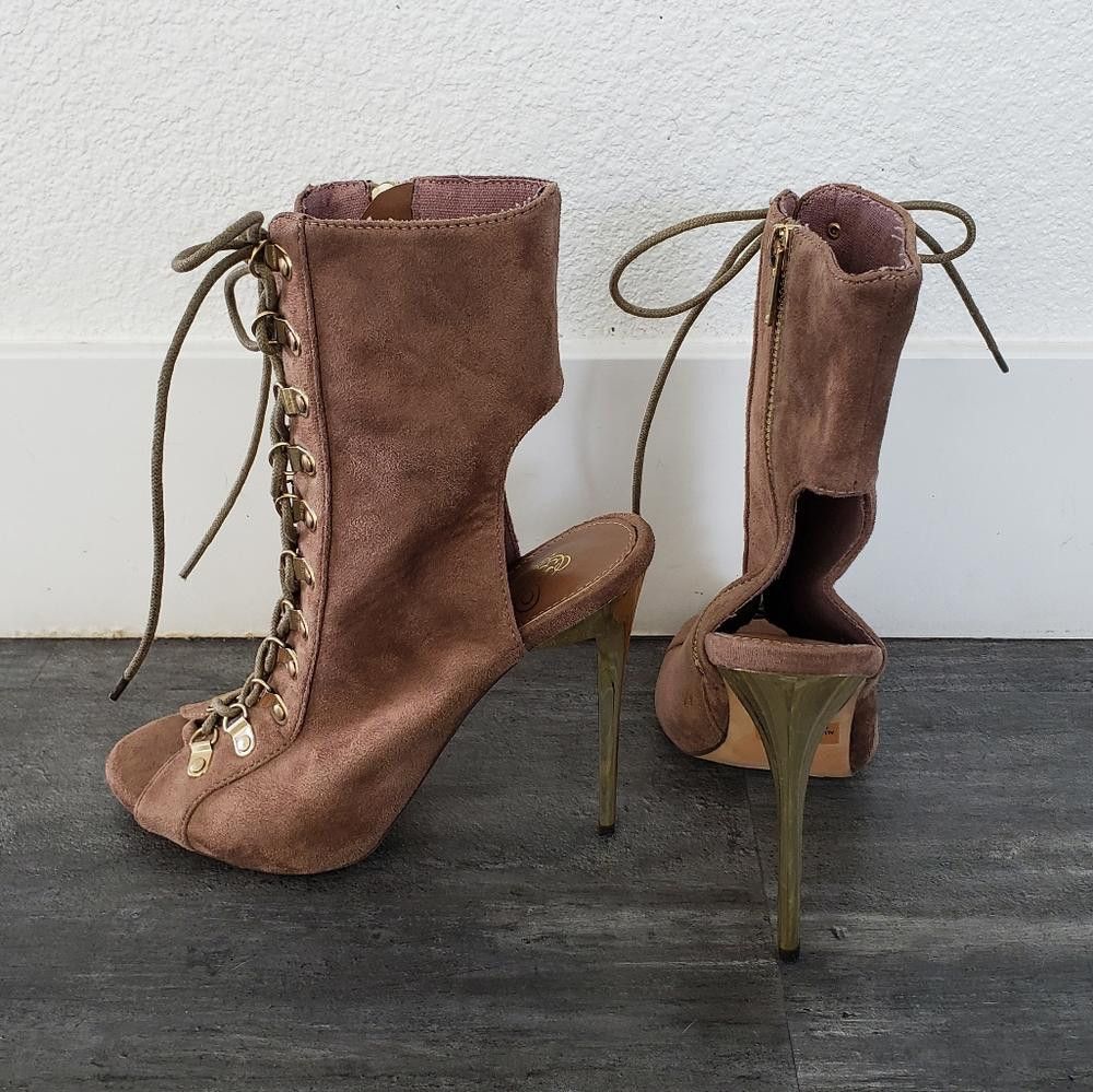 Designer Tan Gold Classic Laced Up Heeled Boot Size US 8 / IT 38 - 3 Thumbnail