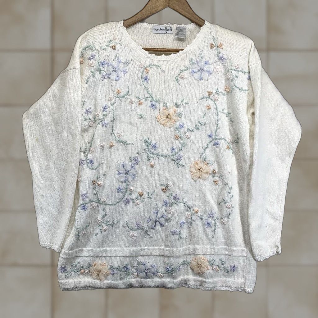 Vintage Vintage 90s Women's Large Floral Embroidered Beaded Sweater Cotton Ramie Bohemian Casual Party Size L / US 10 / IT 46 - 1 Thumbnail