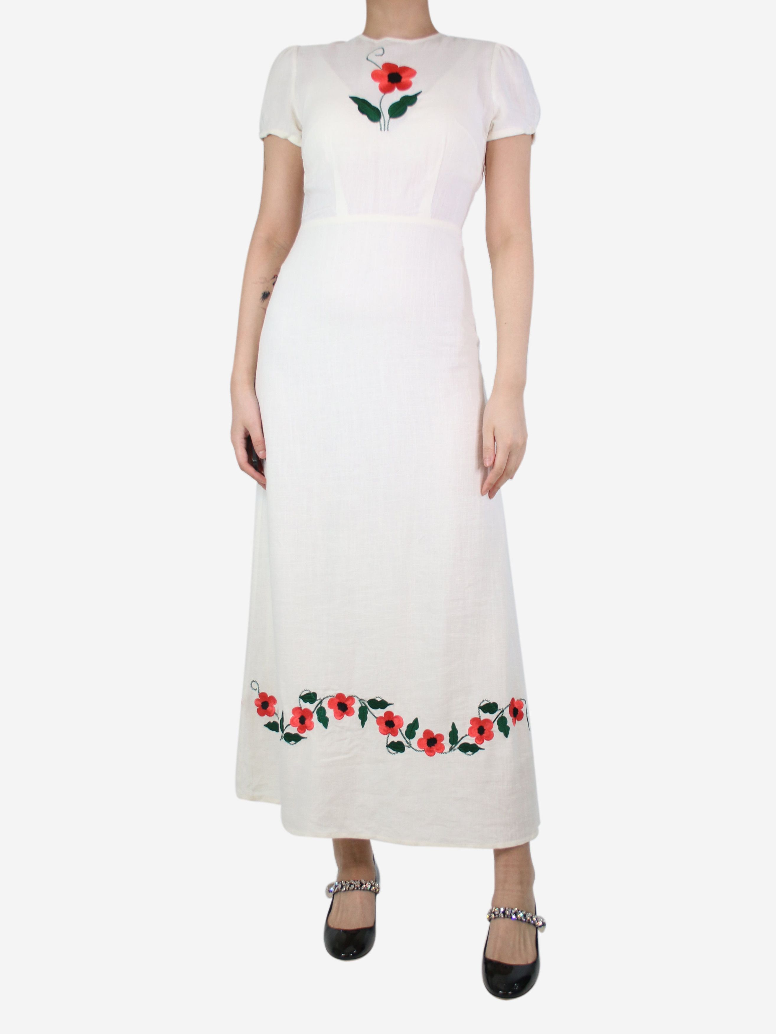 image of Rixo Cream Floral Embroidered Maxi Dress - Size Uk 8, Women's