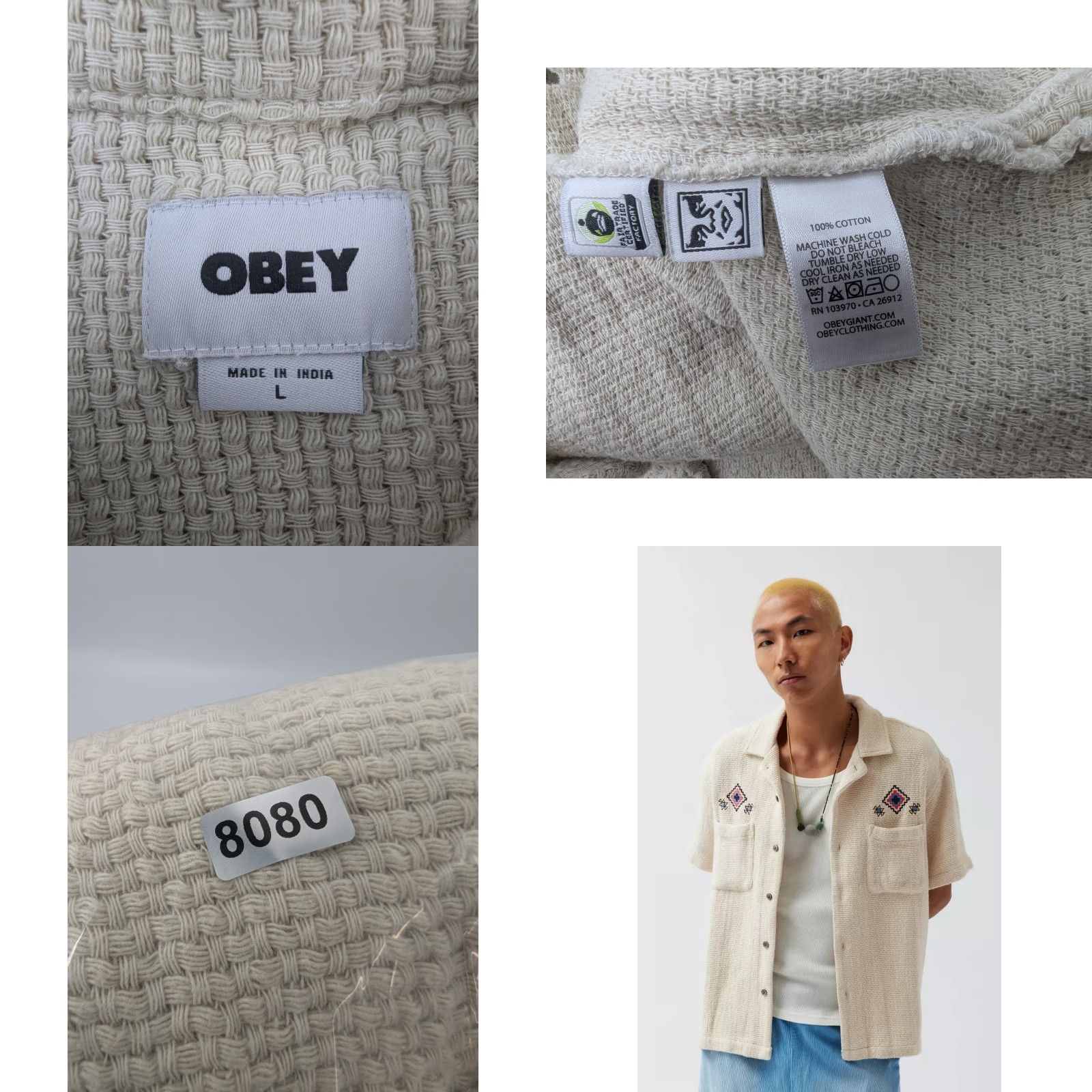 Obey OBEY x UO Exclusive Torocoan Woven Cotton Button-Up T-Shirt Large Beige Aztec Mens Shirt Short Sleeve Button-Down Collar OT 90s/Collar? Size US L / EU 52-54 / 3 - 8 Thumbnail