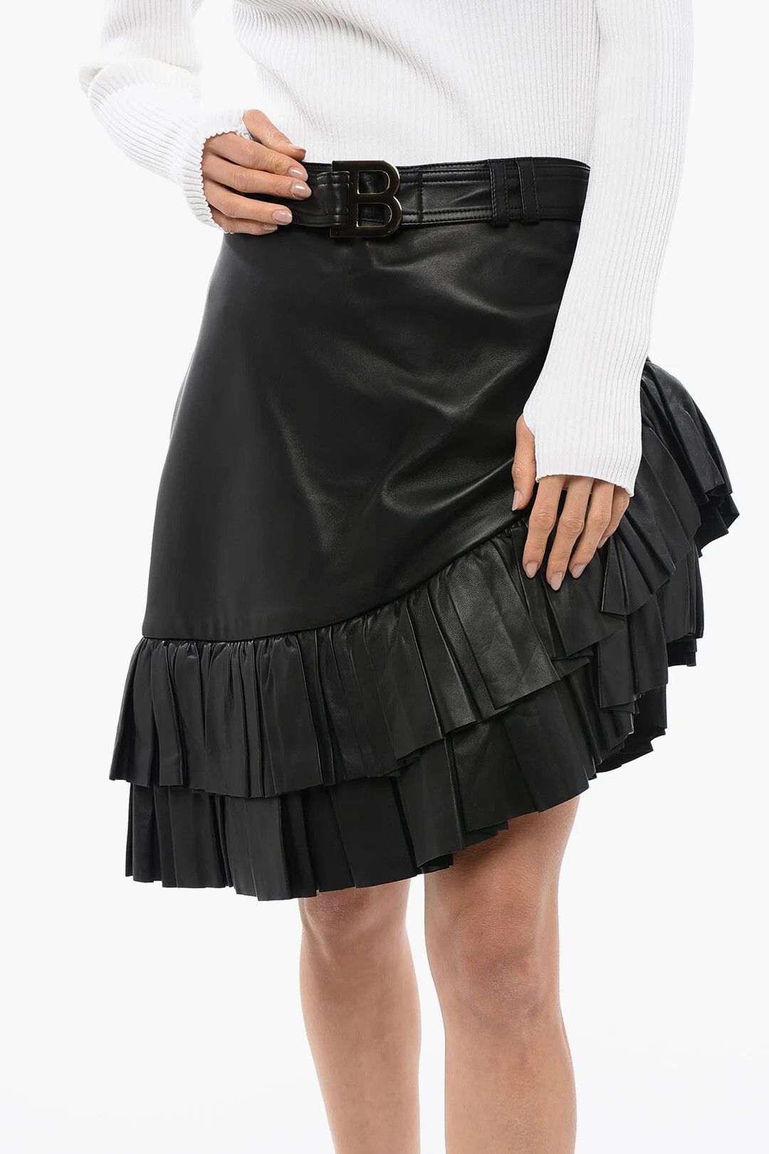 Balmain og1mm0326 Asymmetric Leather Mini Skirt in Black Size 34" / US 12 / IT 48 - 3 Thumbnail