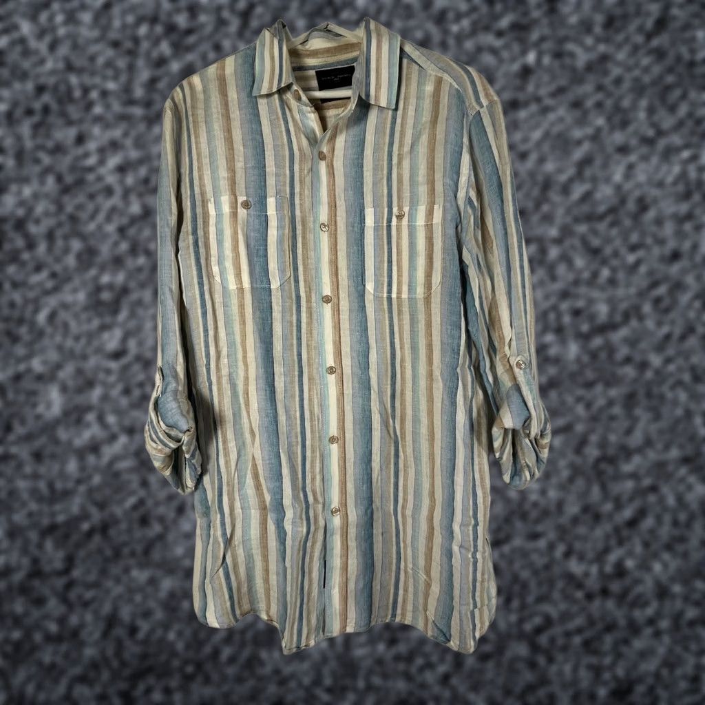 Vintage Black Brown 1826 Mens Striped Linen Button-Up Shirt MediumBlue/Tan Regular Fit Long Sleeve Casual Shirt Size US M / EU 48-50 / 2 - 1 Thumbnail