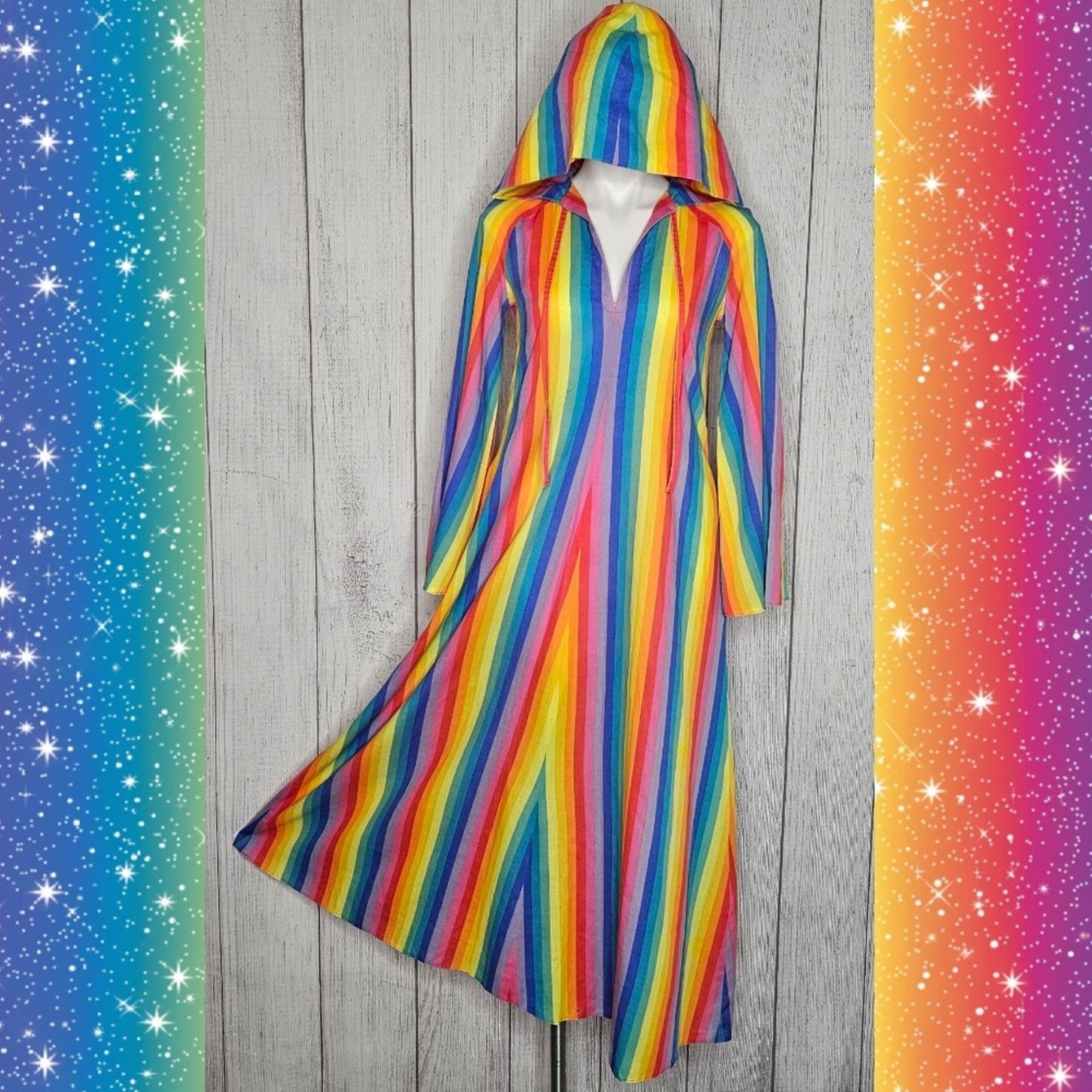 Vintage VTG OOAK Hooded Rainbow Stripe Maxi Dress, Flared Sleeves Size S / US 4 / IT 40 - 2 Thumbnail
