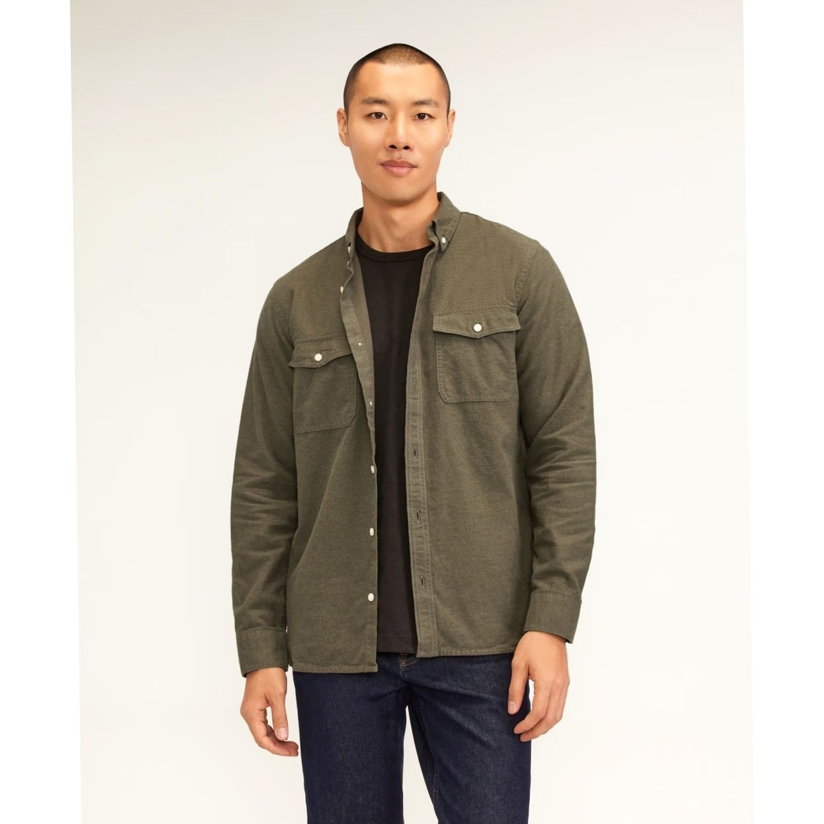 Everlane Everlane Men’s Brushed Flannel Shirt Heathered Thyme Button Front Cotton Sz L Mens Long Sleeve Collared Solid Green Size US L / EU 52-54 / 3 - 2 Thumbnail