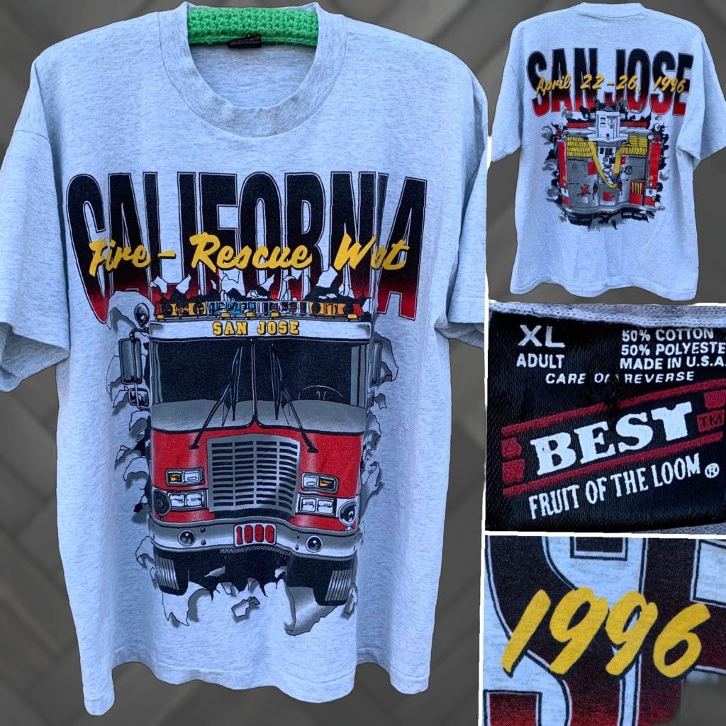 Fruit Of The Loom VINTAGE California Fire Rescue West San Jose 1996 t-shirt XL Fruit of the Loom Unisex Adults Short Sleeve Crew Neck Heather Gray 50/50 Graphic Print Size US XL / EU 56 / 4 - 1 Thumbnail