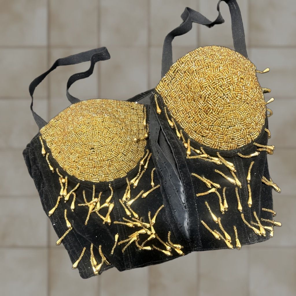 VINTAGE Hurry Up 90s Black Beaded Mardi Gras Corset Vest M Women Cat Sequin Multicolor Accessories