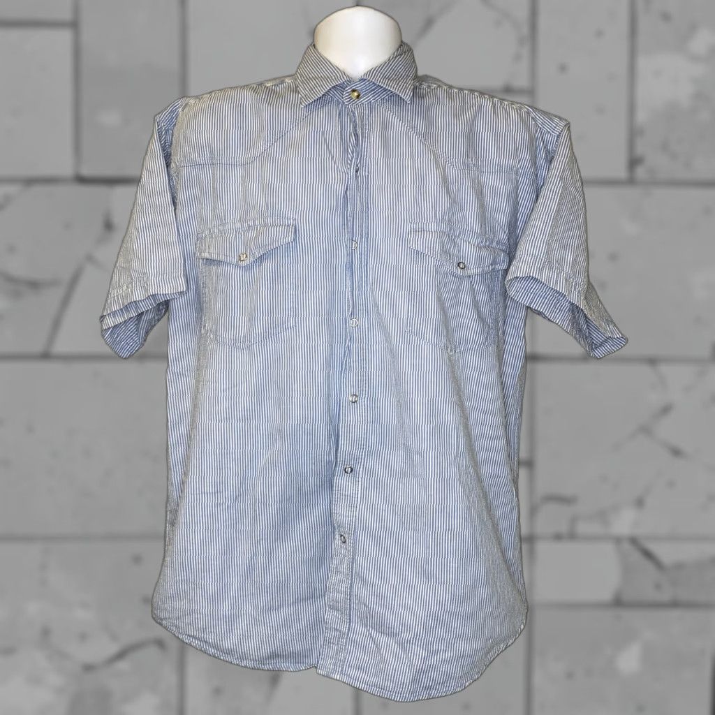 Vintage Western Plains Mens Shirt Blue Striped Snap Button Short Sleeve Size L Size US L / EU 52-54 / 3 - 1 Thumbnail