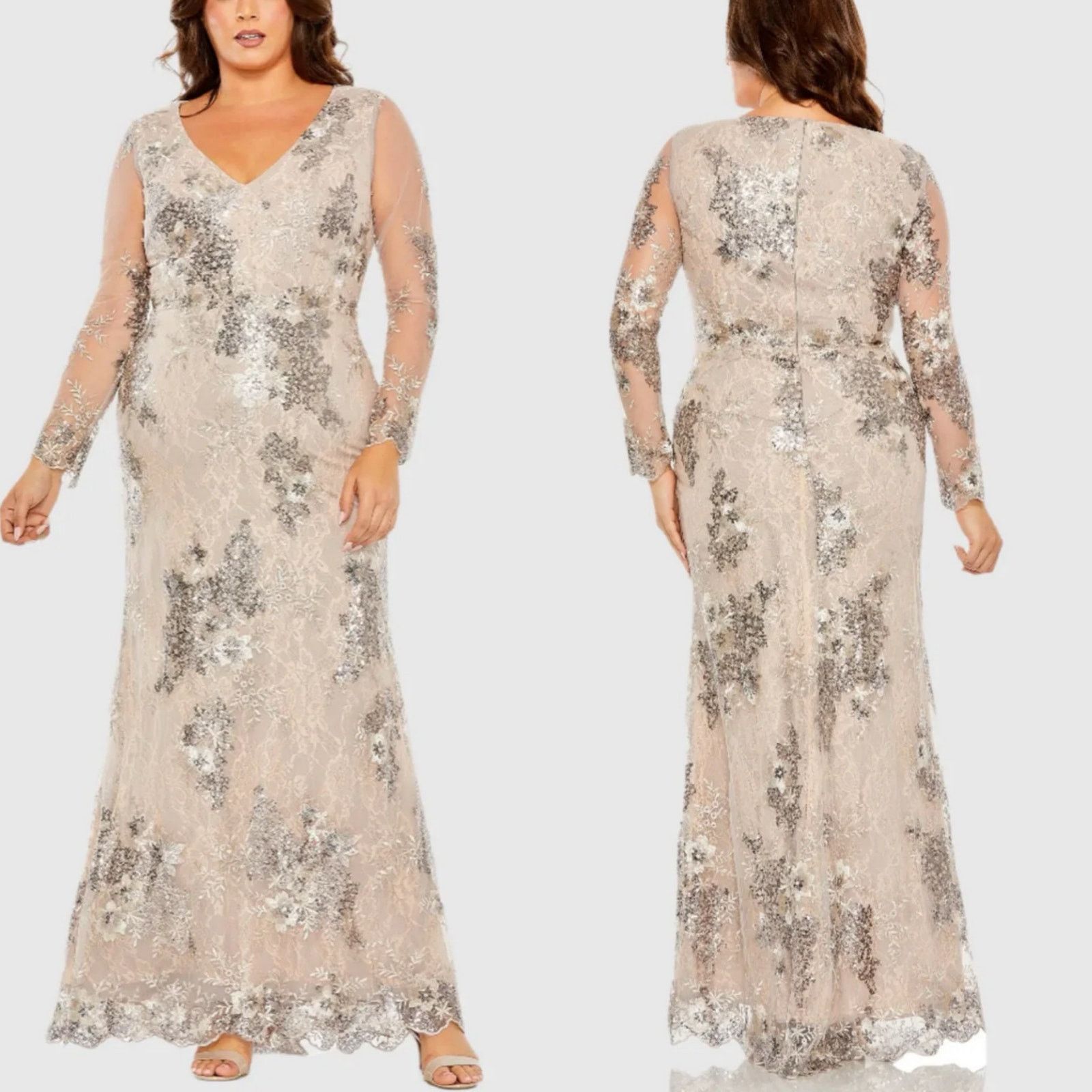 MAC DUGGAL Beige V Neck Mesh Long Sleeve Embroidered Gown