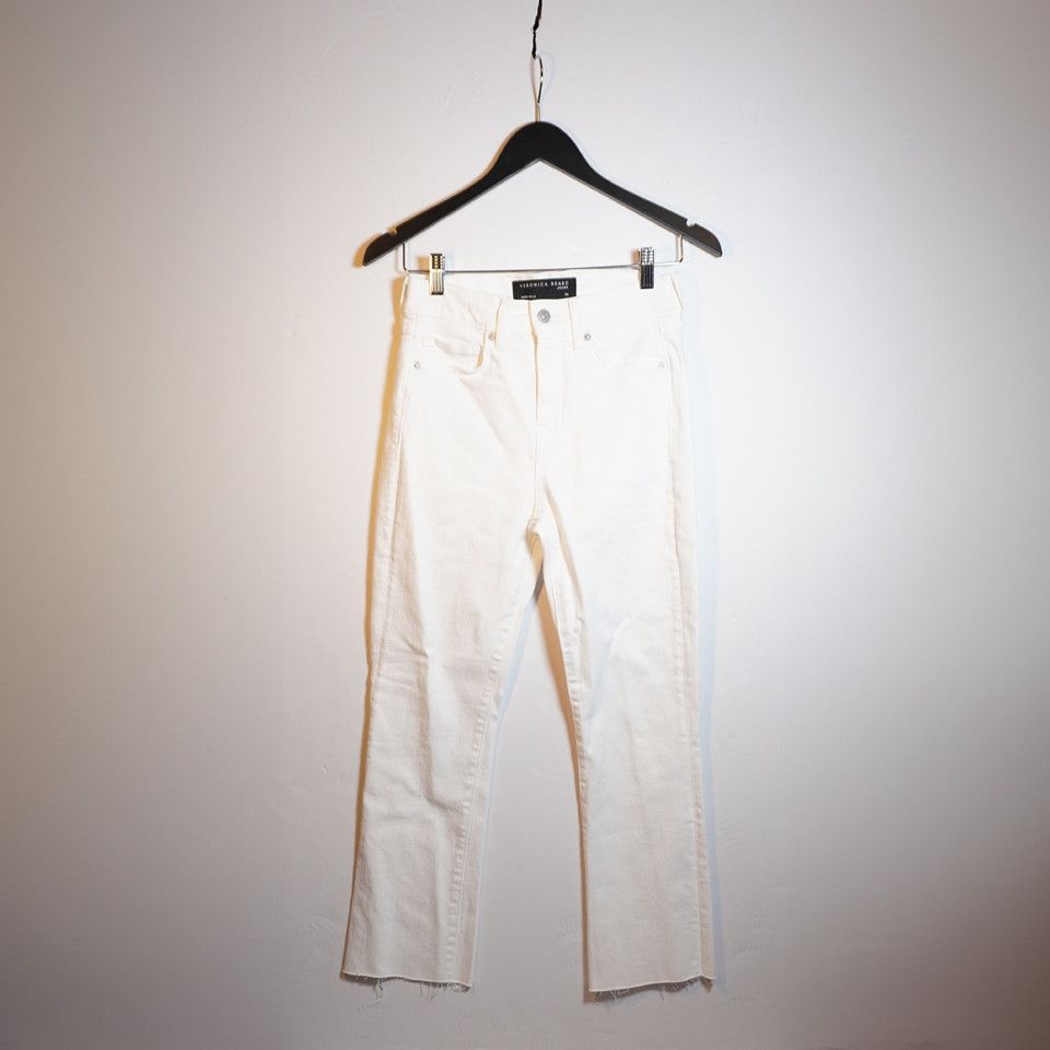 image of Veronica Beard Carly Kick Flare High Rise Raw Hem in White, Women's (Size 26)