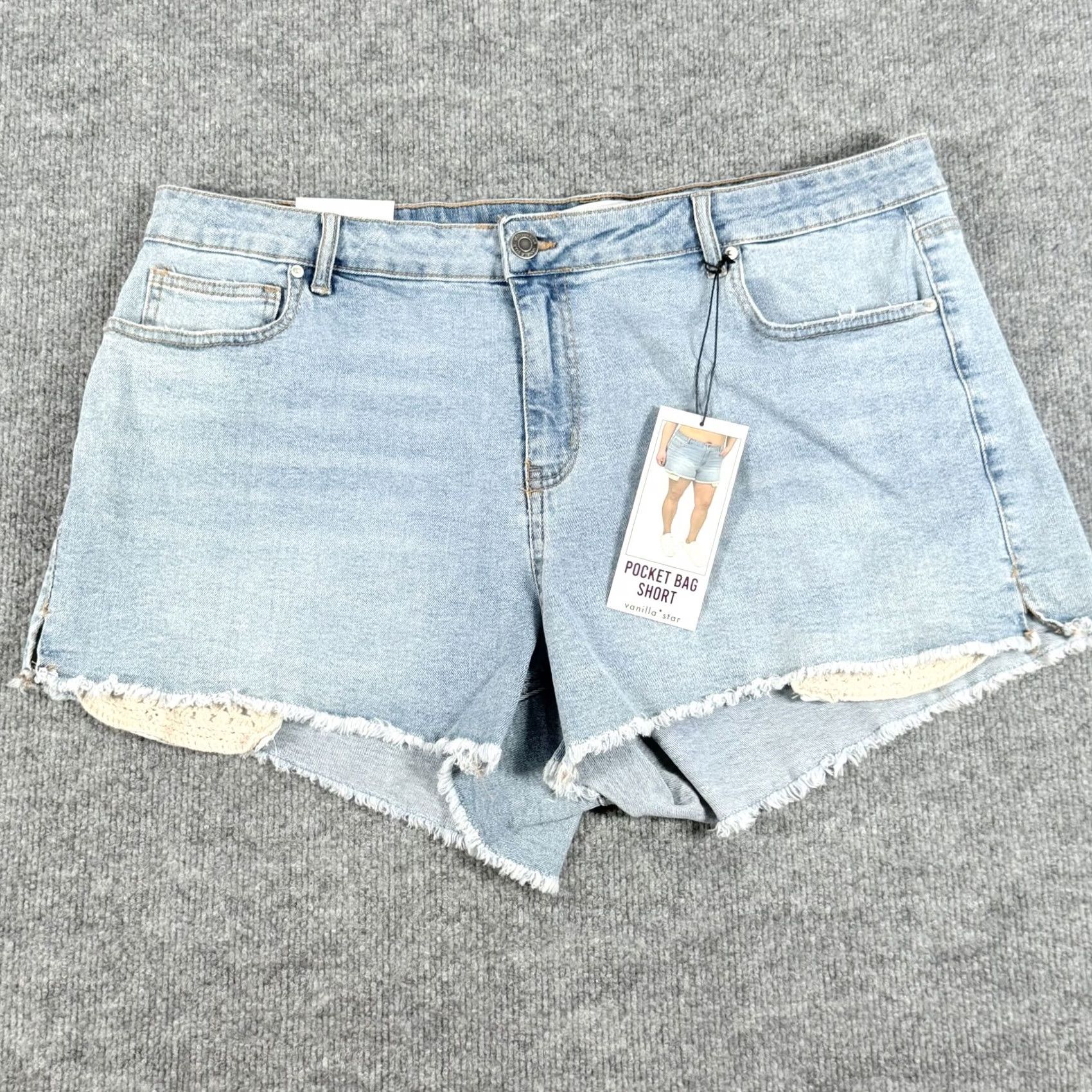 Vintage Vanilla Star Shorts Womens 20W Light Wash Denim Crochet Trim Frayed Pocket Bag Baggy Vintage Style Casual Festival Bohemian Travel Womens 20W Size 42" / US 20 - 2 Thumbnail