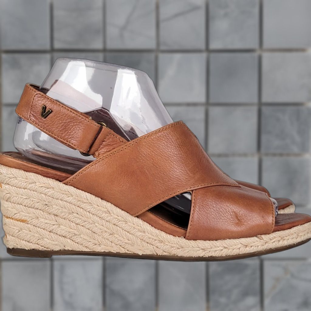 Vintage American Eagle Women Brown Leather Sandal Wedge Heel Strappy Espadrilles Size 8M Size US 8 / IT 38 - 1 Thumbnail