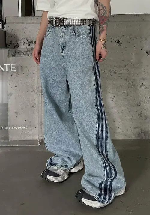 VIBE Avant garde fashion acid wash side striped baggy jeans pants Size US 32 / EU 48 - 3 Thumbnail