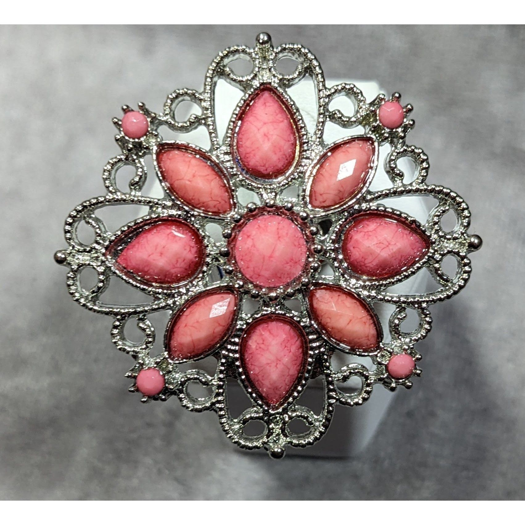 Other Fairycore Floral Ring Silver Tone With Pink Stones Statement Size ONE SIZE - 6 Thumbnail