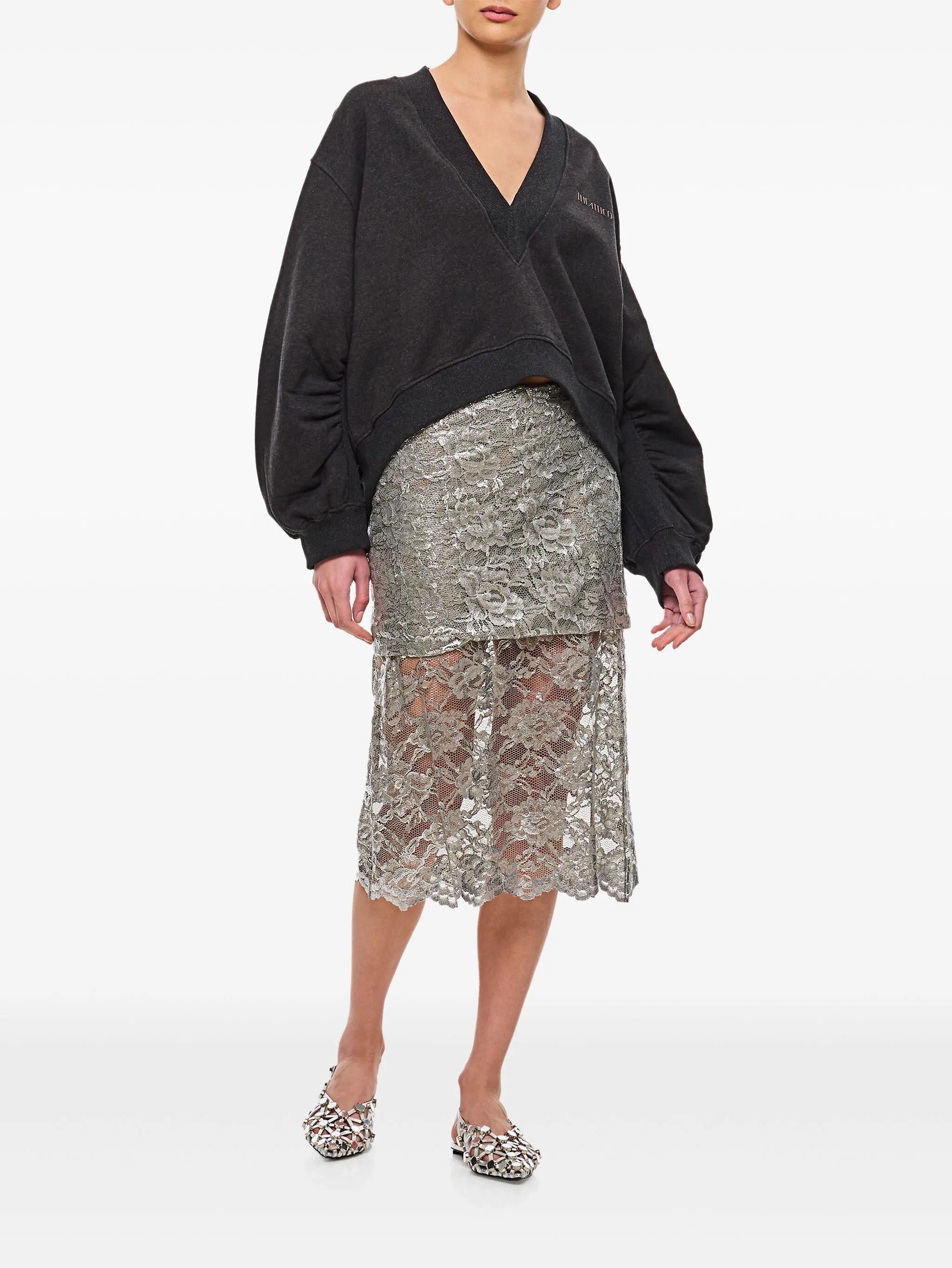 The Attico o1s22i1n0325 Lace Midi Skirt in Silver Size 28" / US 6 / IT 42 - 2 Thumbnail