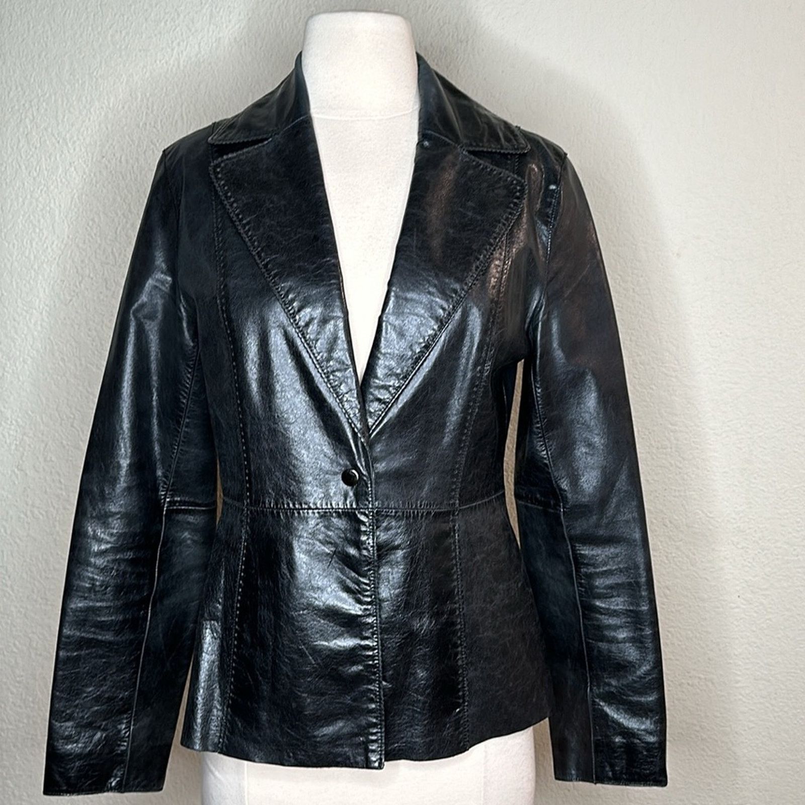 Guess × Leather × Vintage VTG Y2K Guess Leather Blazer Jacker Black MED Scalloped Seam Size M / US 6-8 / IT 42-44 - 2 Thumbnail