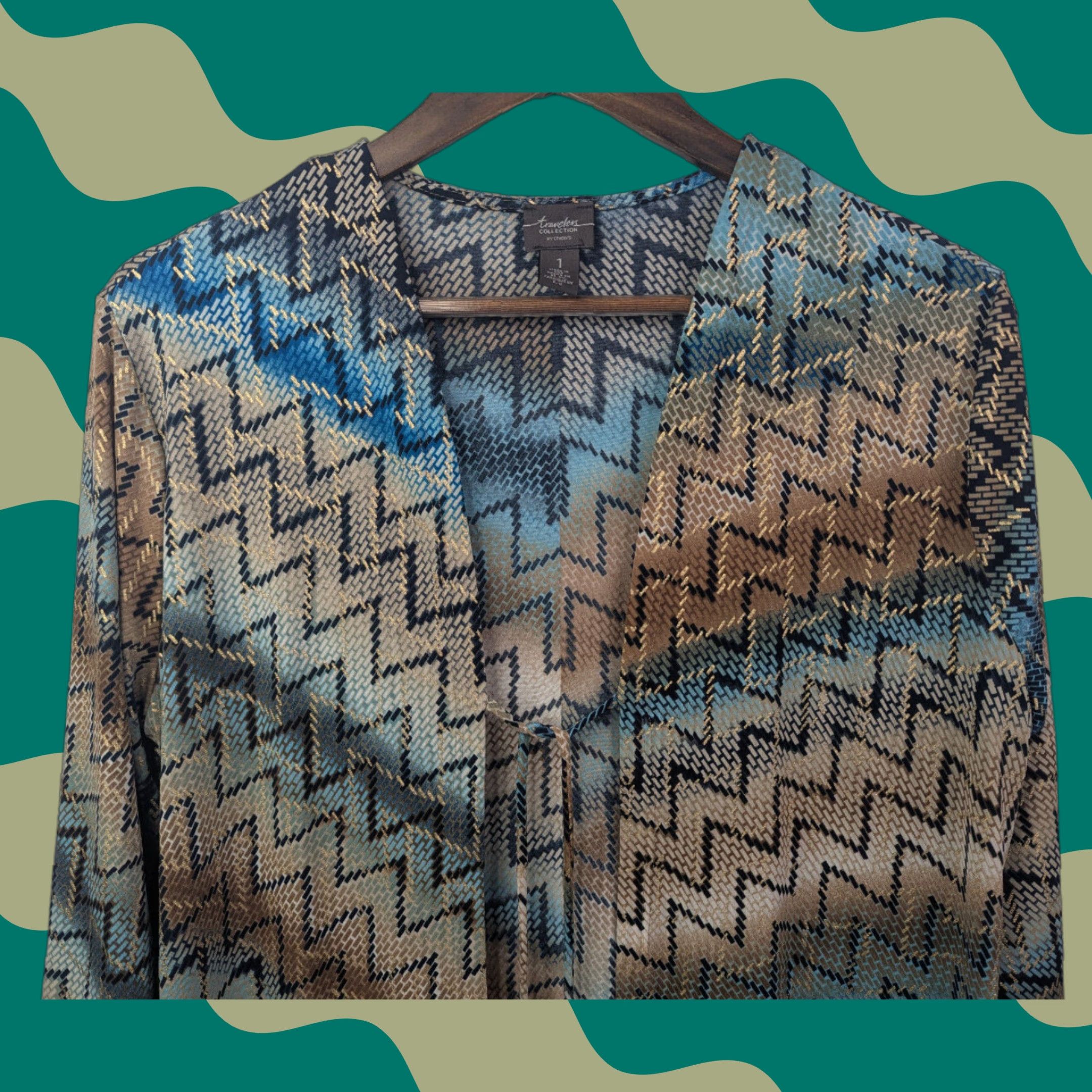 Vintage Chico's Travelers Long Cardigan Womens M/8 Chevron Print Front Tie Shirt Sweater Open Front All Seasons Lightweight Casual Womens Size M / US 6-8 / IT 42-44 - 1 Thumbnail