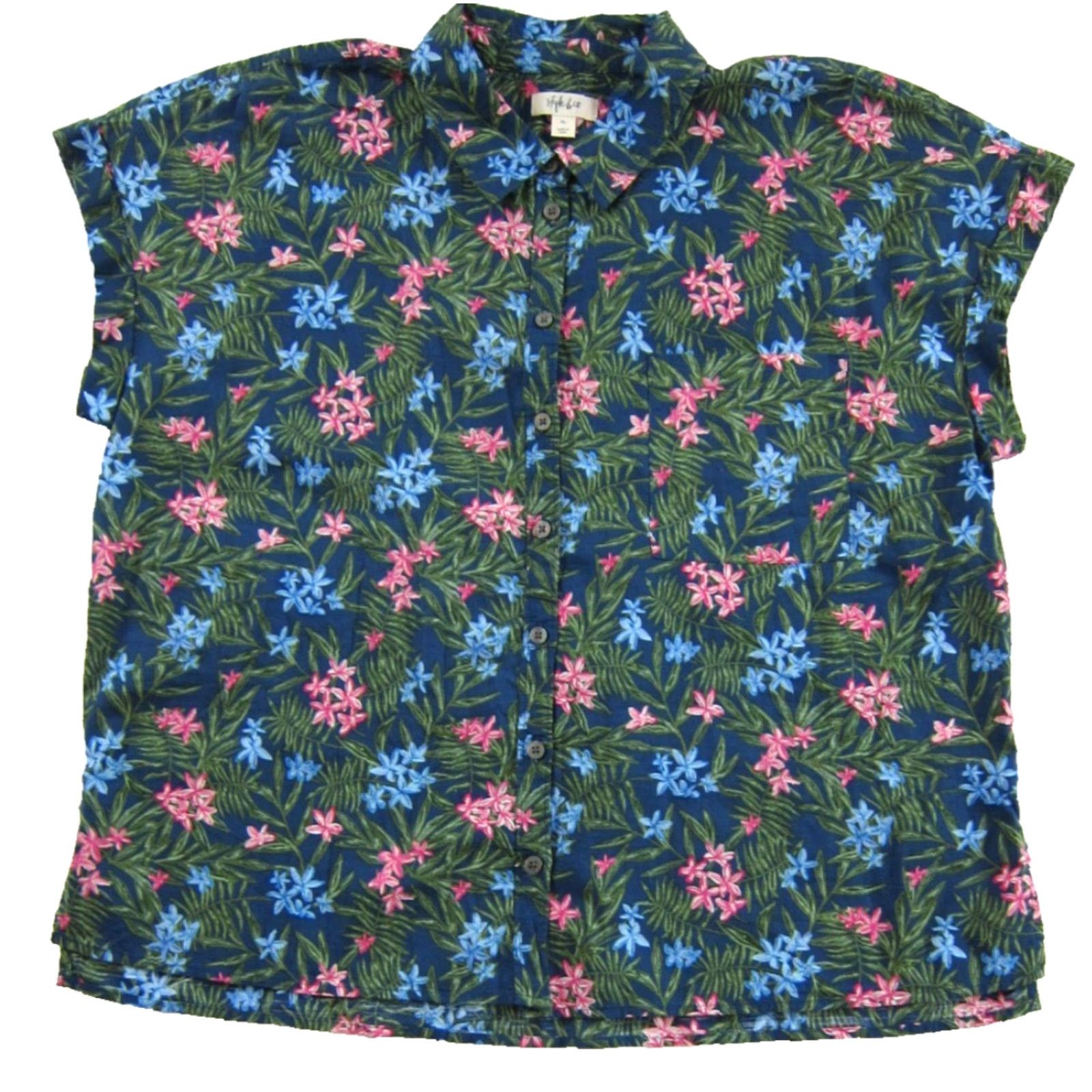 Vintage VINTAGE Style & Co. Blue Pink Green Floral Collar Short Sleeve Button Down Blouse XL Size XL / US 12-14 / IT 48-50 - 2 Thumbnail