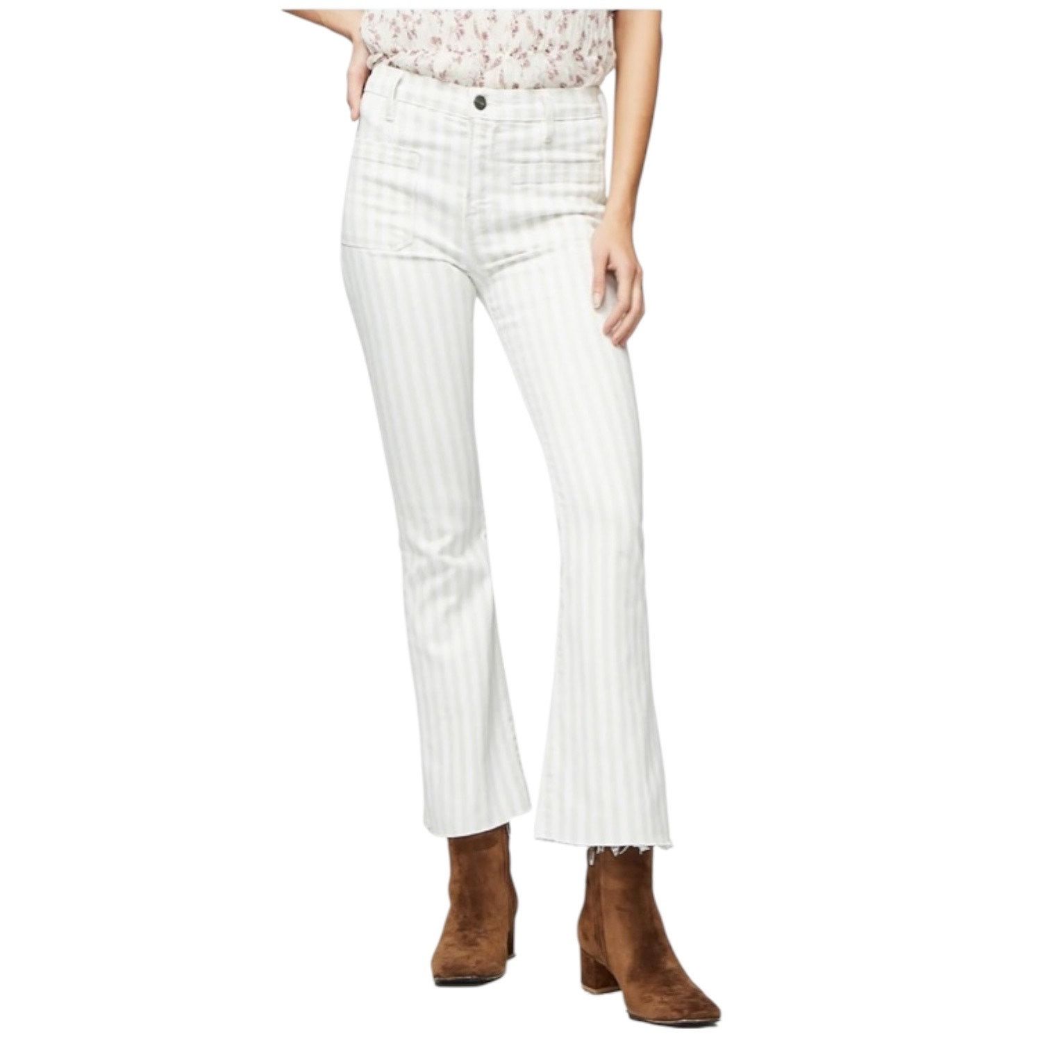 Frame FRAME Striped Le Bardot Crop Flare Raw Edge Denim Pant-sz 33 Size 33" - 4 Thumbnail