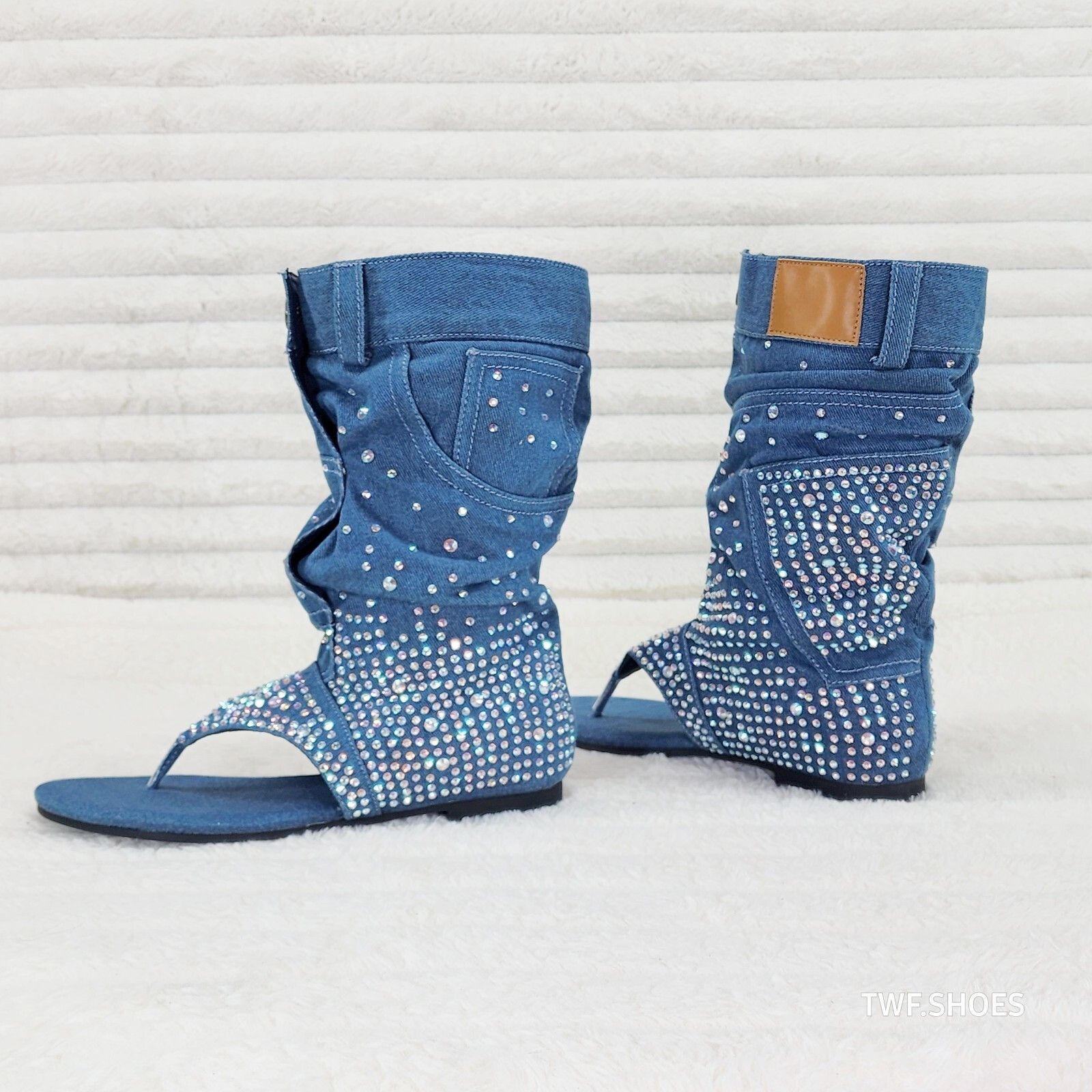Other Perplex Denim & Rhinestones Sandal Slouch Boots Shooties (US Size US 7 / IT 37 - 3 Thumbnail