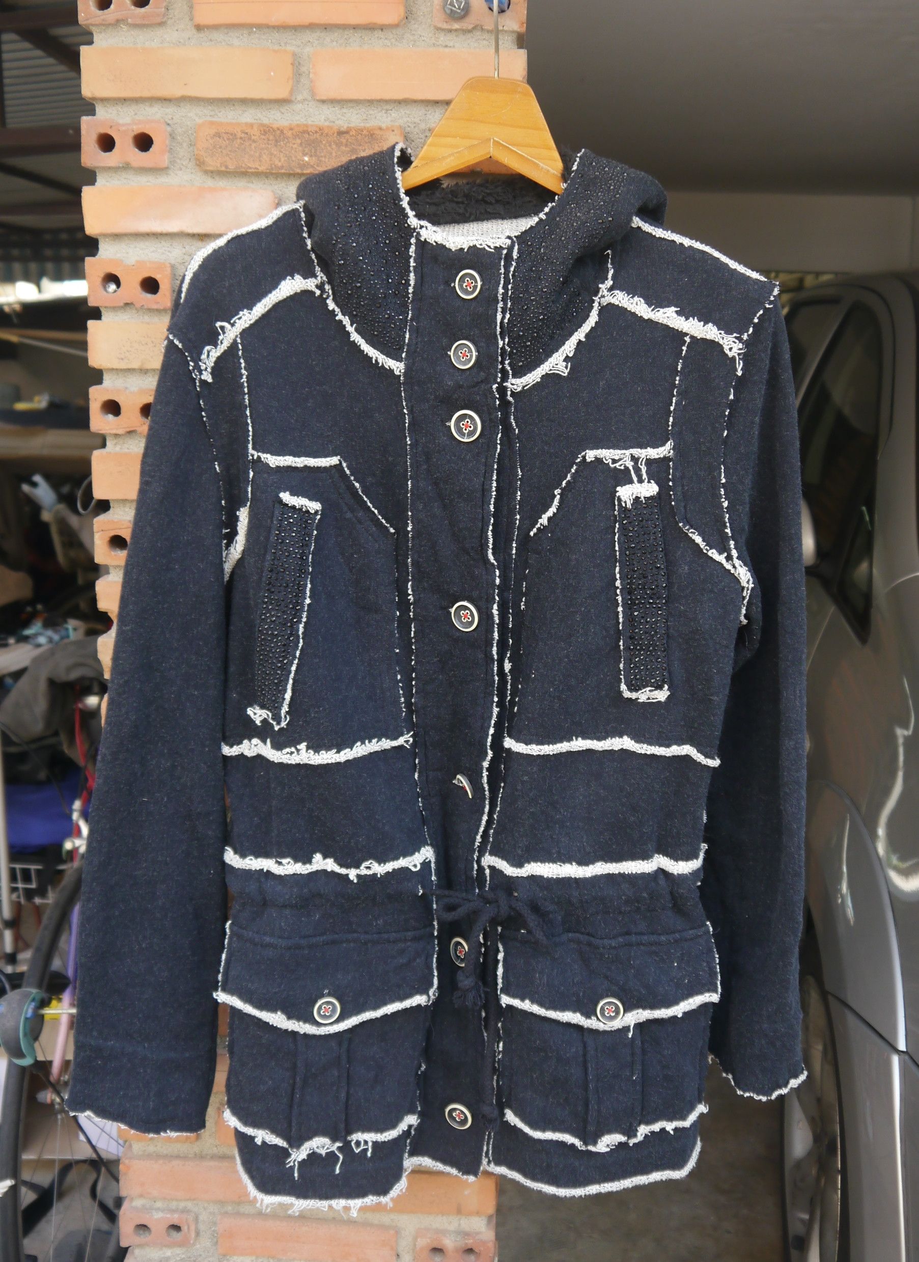 (J748) Lalacub Feel Ripped Button Up Hood Fleece Jacket Sz L