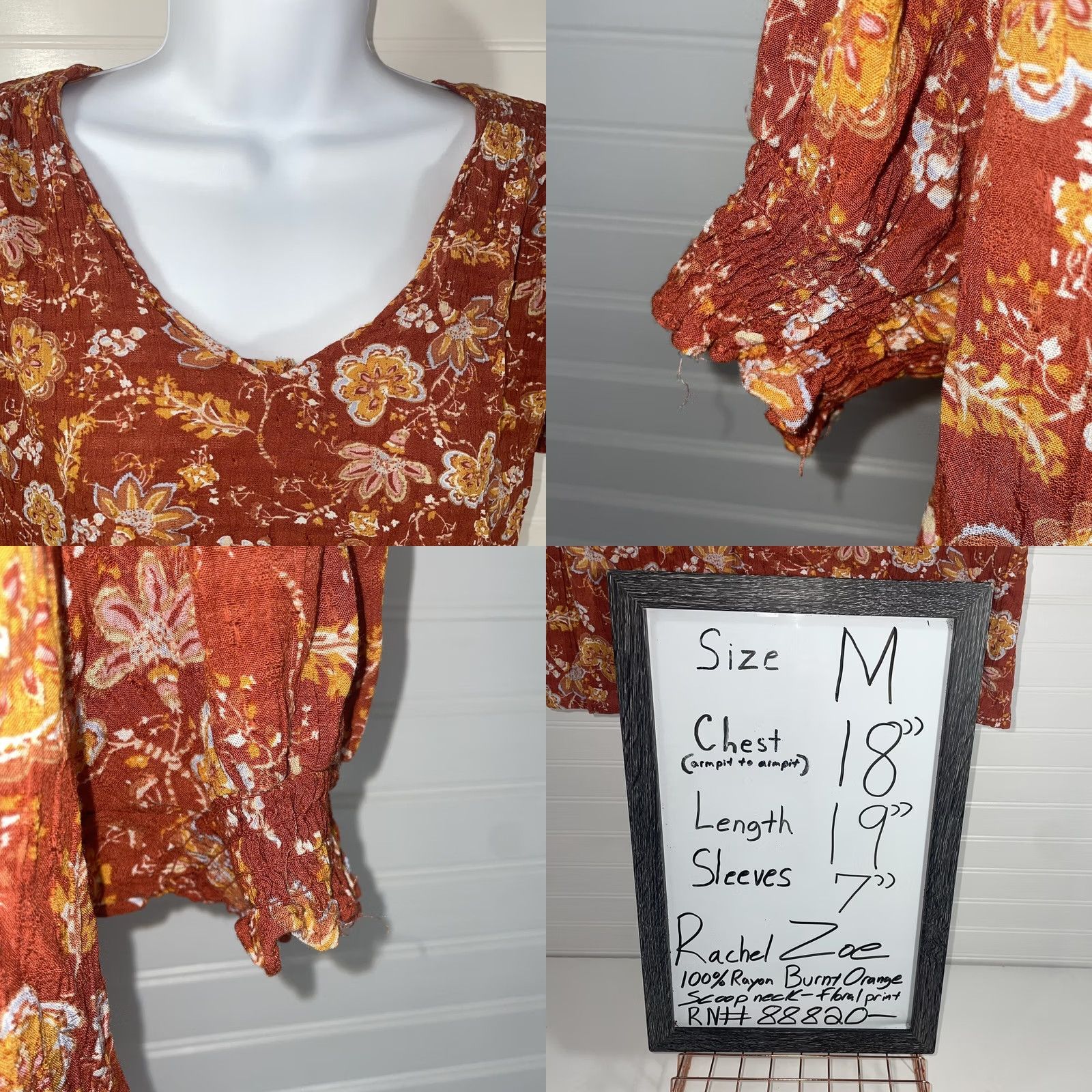 Rachel Zoe VINTAGE Rachel Zoe Women Blouse Top Shirt Floral Print Burnt Orange Medium Fold-Over Scoop Neck Lightweight Knit Pullover Casual Size M / US 6-8 / IT 42-44 - 9 Thumbnail