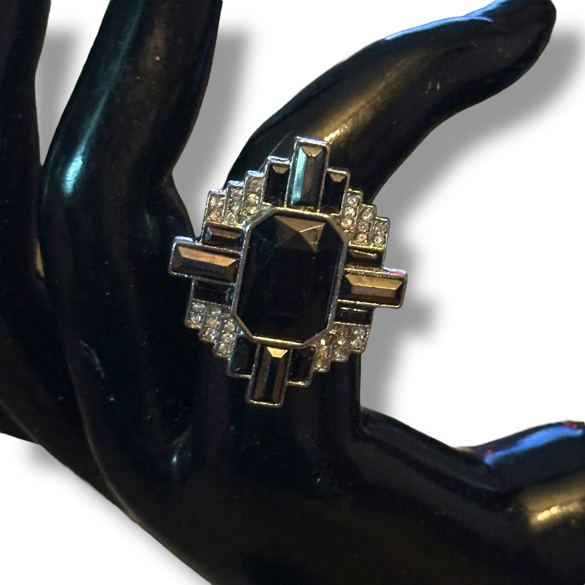 Vintage Vintage Art Deco silver tone black and clear gemstone ring Size ONE SIZE - 8 Thumbnail