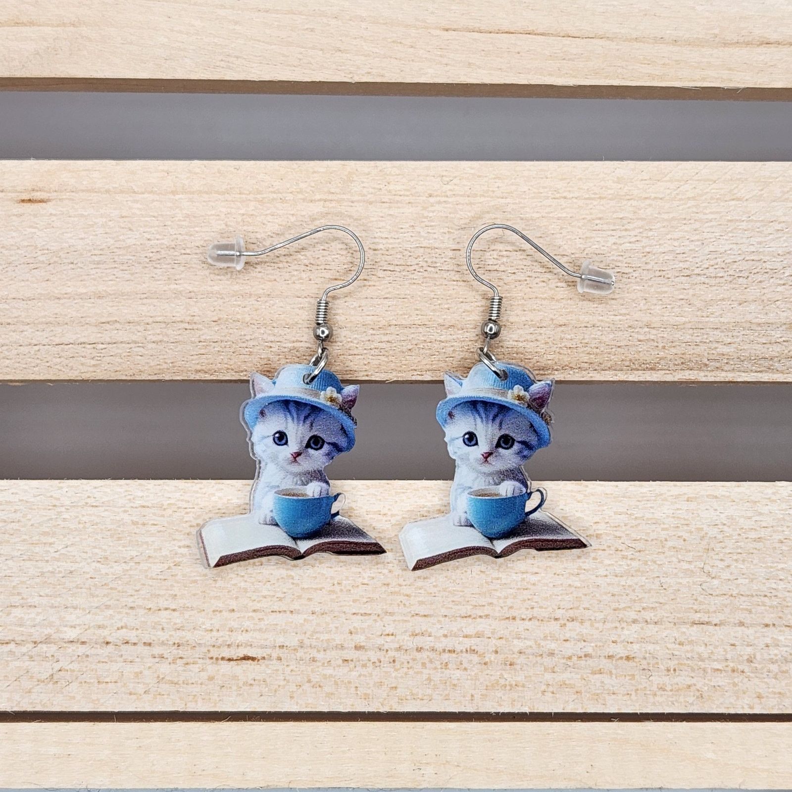 Other Gray Cat in Blue Teacup Sitting on Book Acrylic Earrings Size ONE SIZE - 3 Thumbnail