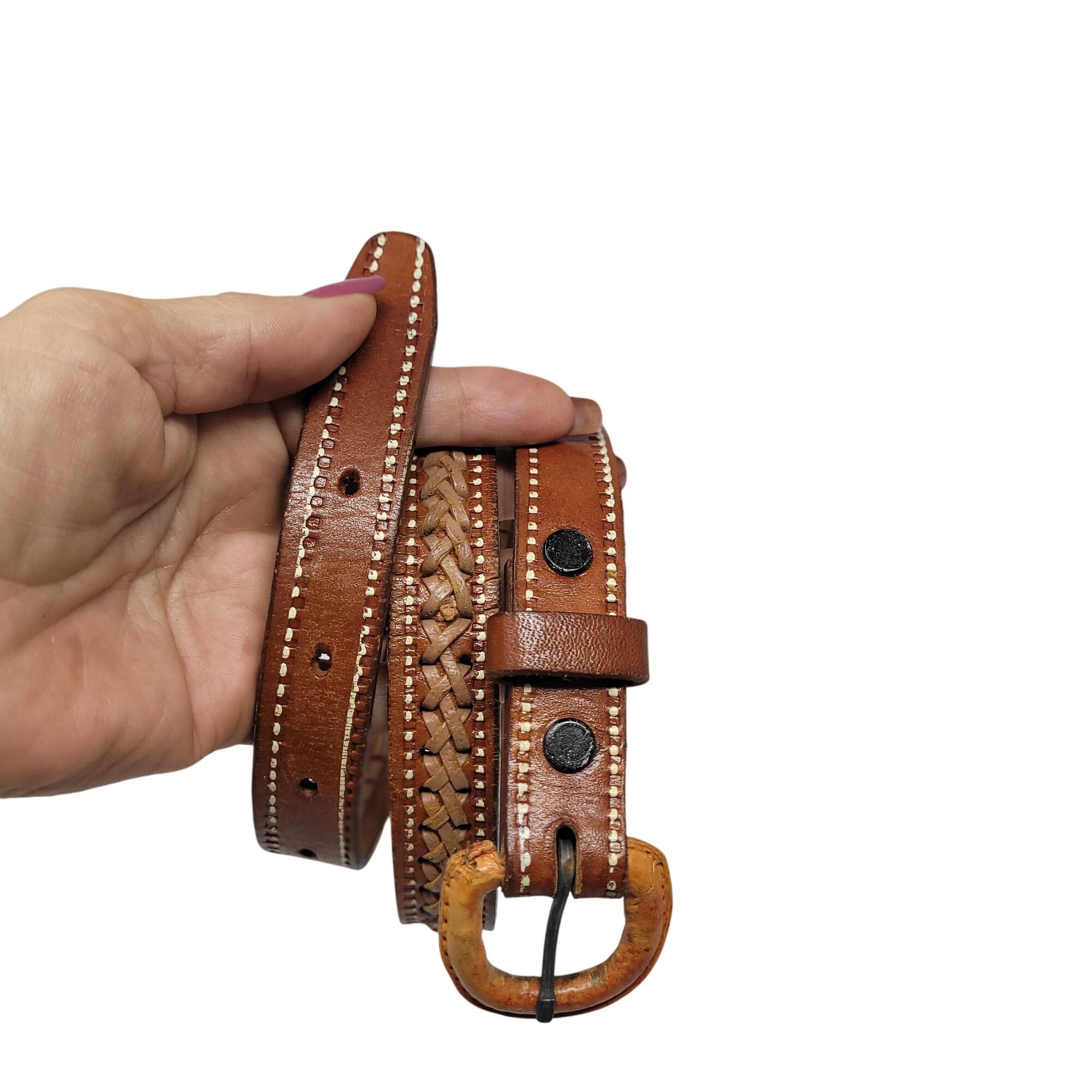 Handmade Vtg Handmade Cognac Braided Tooled Western Leather Belt 28" Size ONE SIZE - 1 Thumbnail