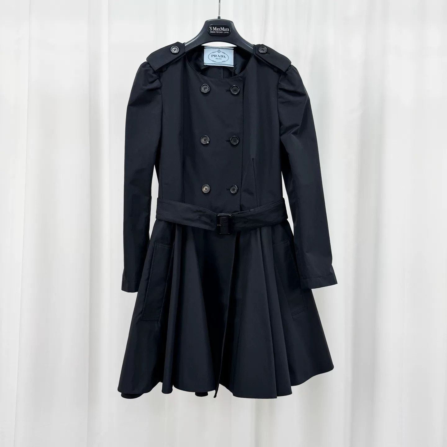 prada black double-breasted trench coat