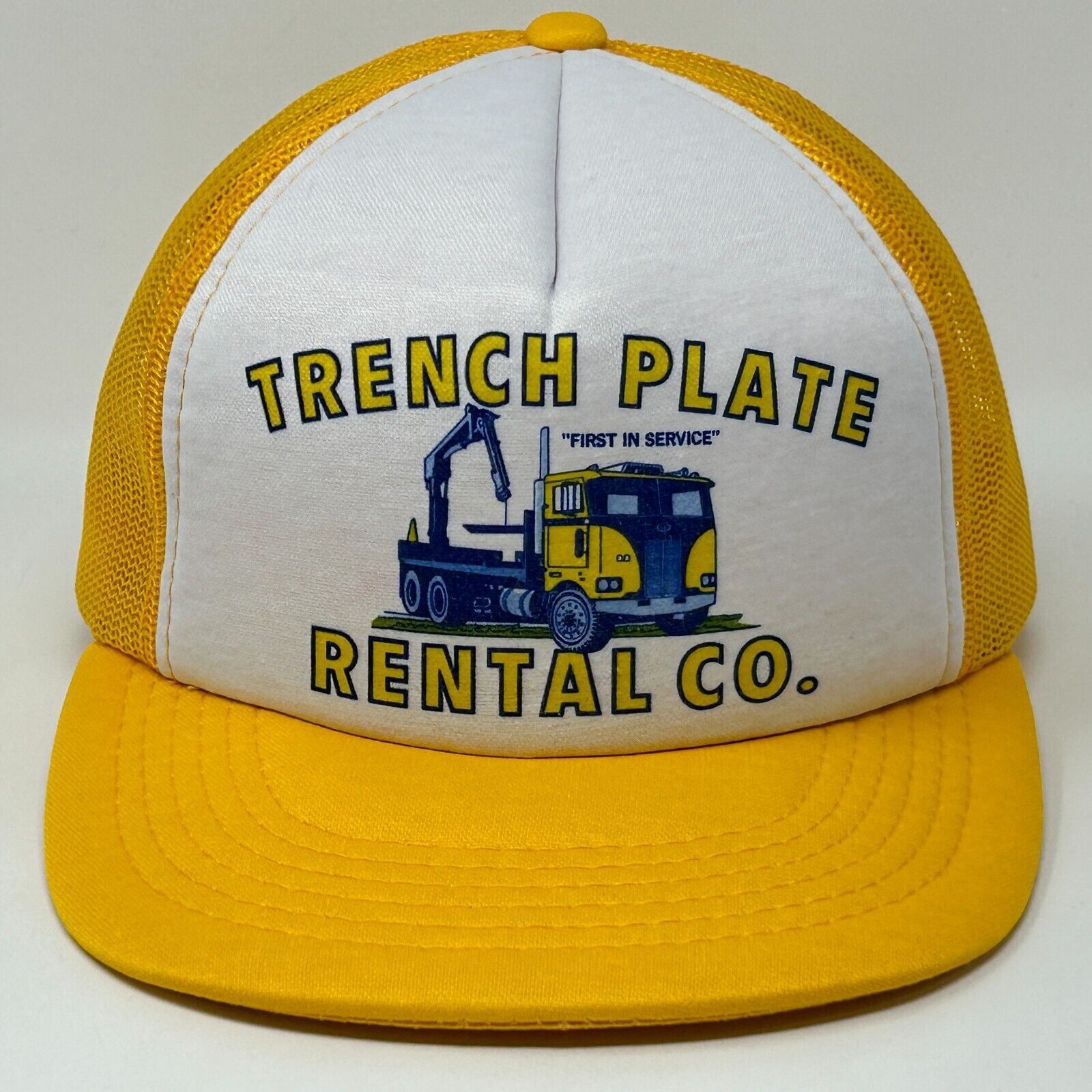 Vintage Vintage 80s Trench Plate Rental Co Trucker Hat Cap Yellow Size ONE SIZE - 1 Thumbnail